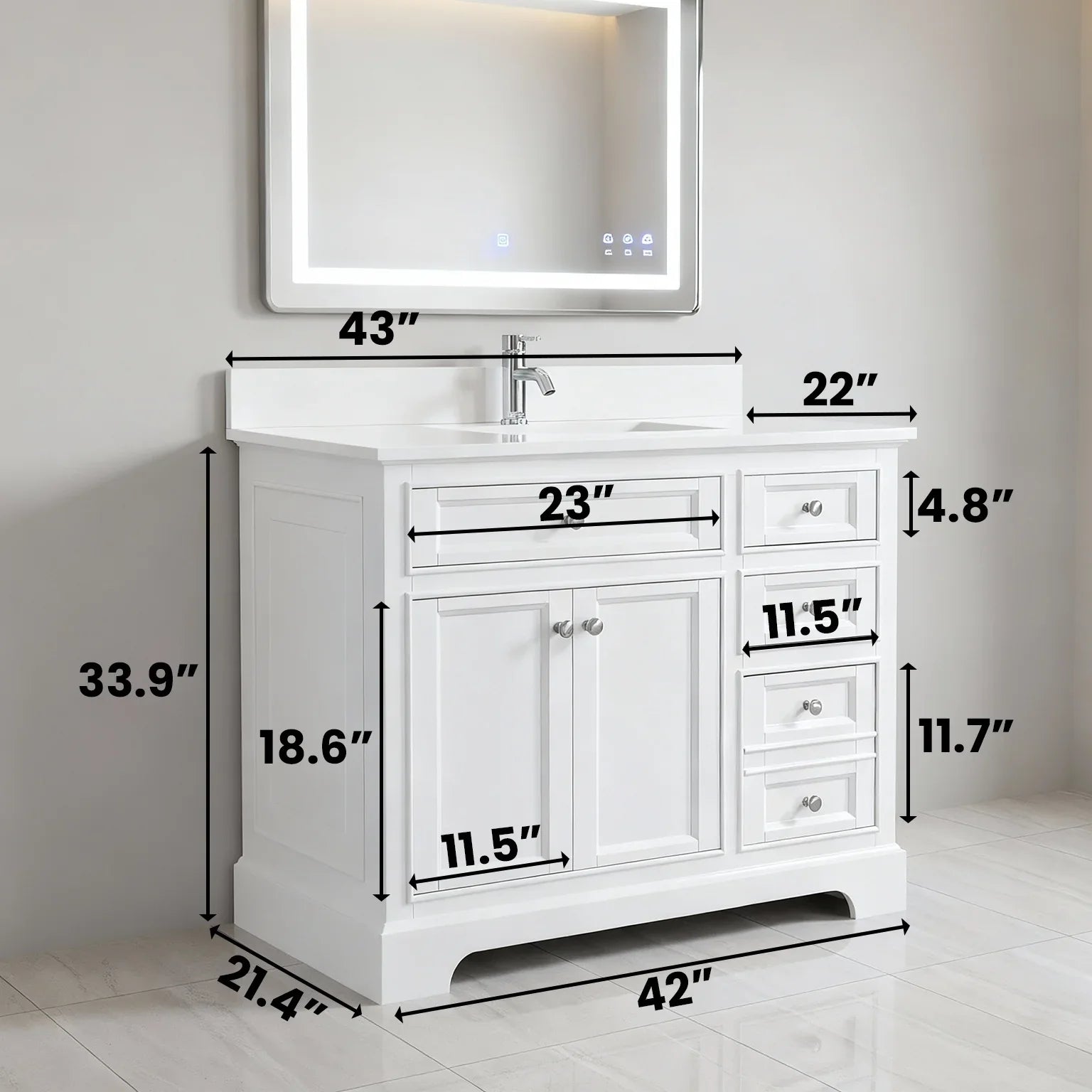 42" White Freestanding Bathroom Vanity with Solid White Quartz Countertop