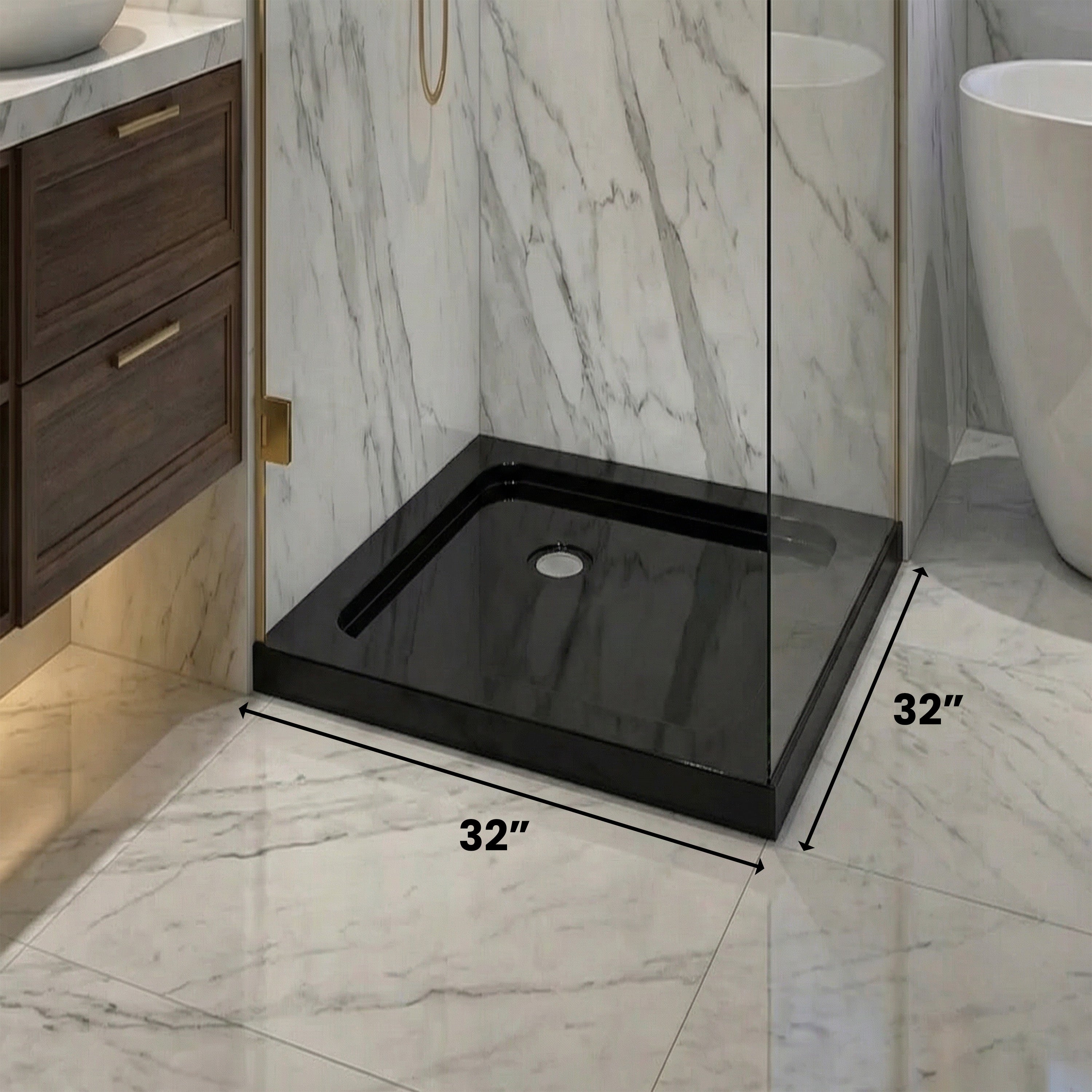 Base de douche acrylique noir brillant 32po x 32po avec drain d'angle