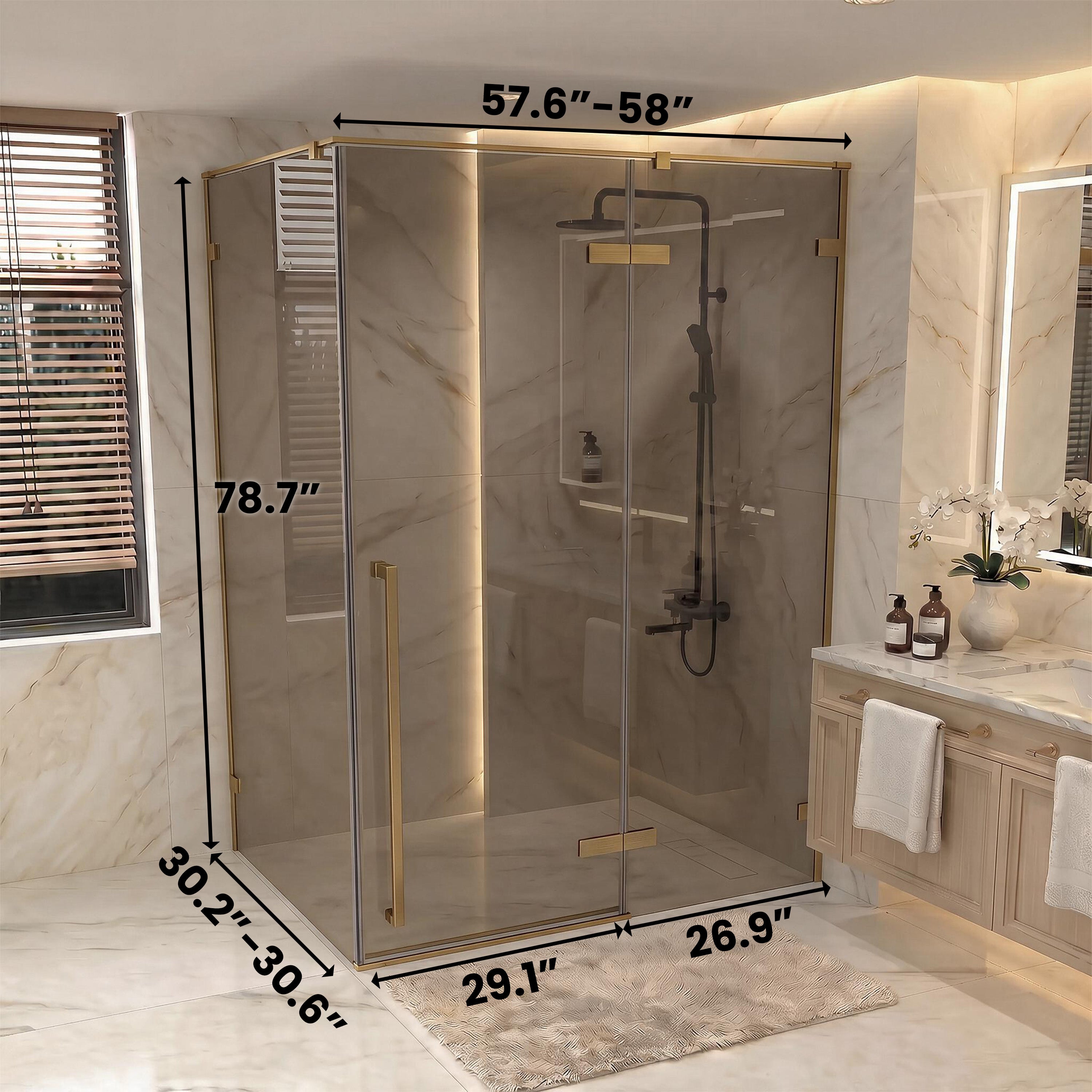 57.6"–58" W (Adjustable Width) x 79" H Frameless Reversible Pivot Shower Door in Brushed Gold with Brown Tinted Glass & 30.2"–30.5" Side Panel