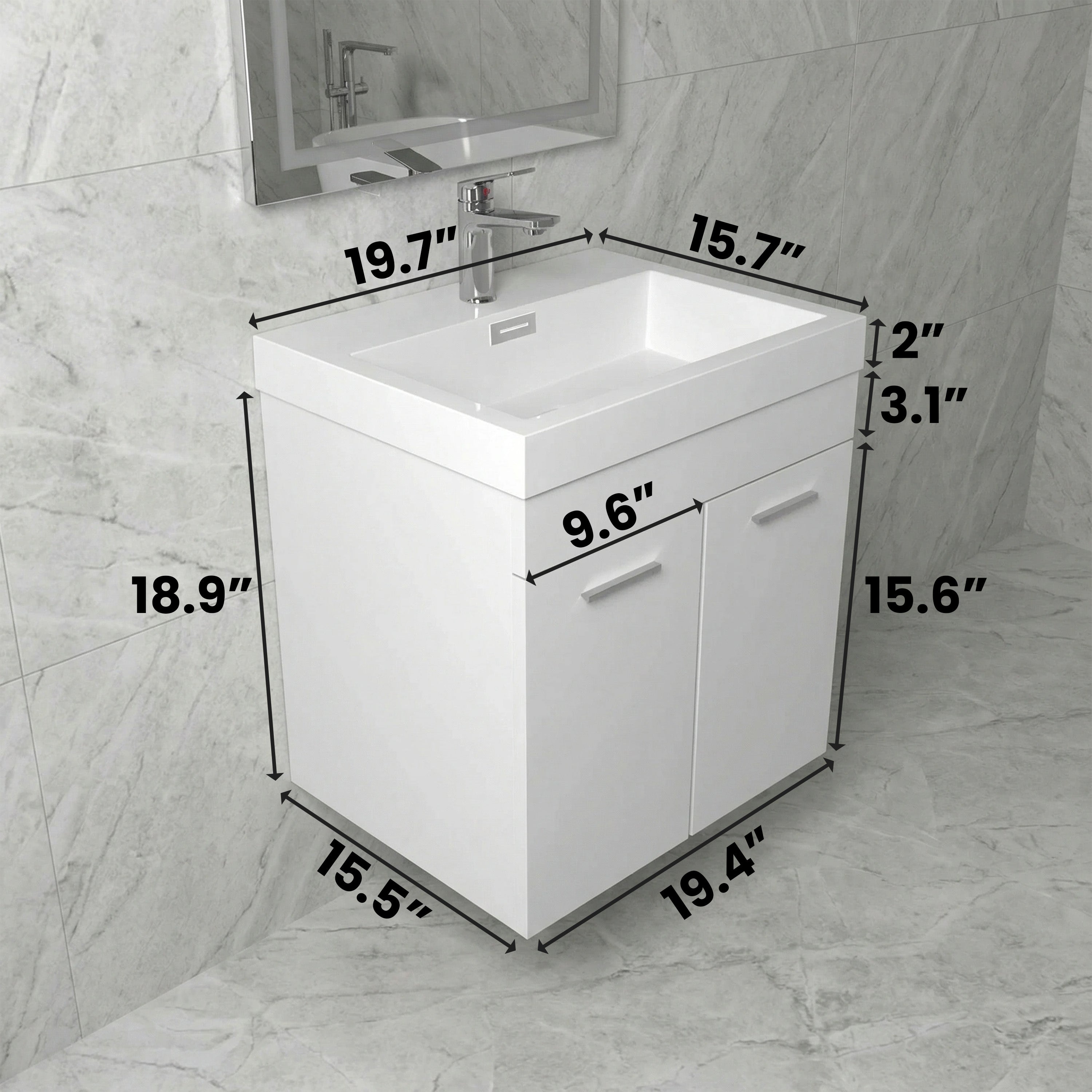 20" White Wall-Mount Single Sink Bathroom Vanity with White Polymarble Countertop