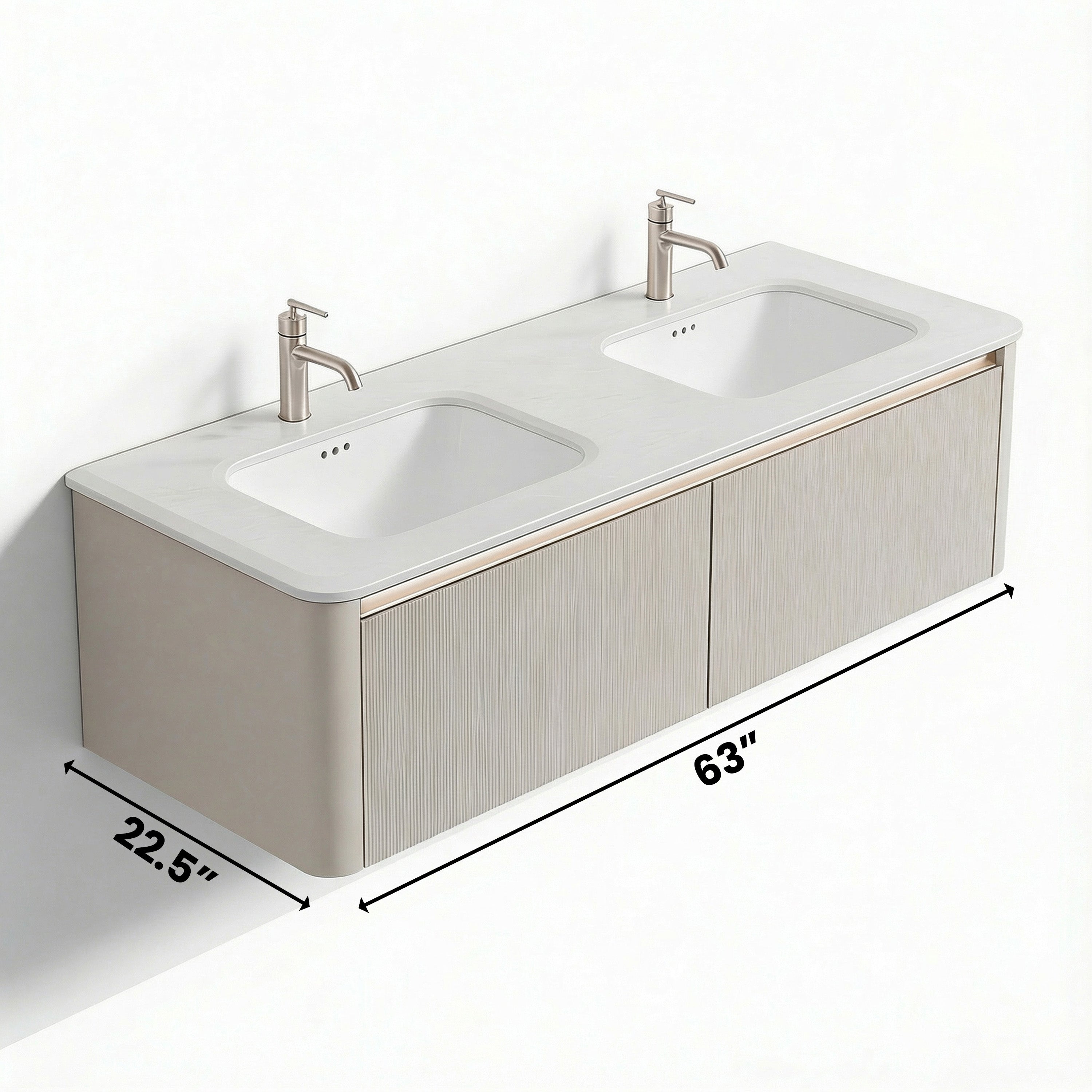 Meuble-lavabo Mural en Latte DEL 63 po avec Comptoir en Marbre Kari Ice Jade et Doubles Lavabos en Céramique et Pop-up