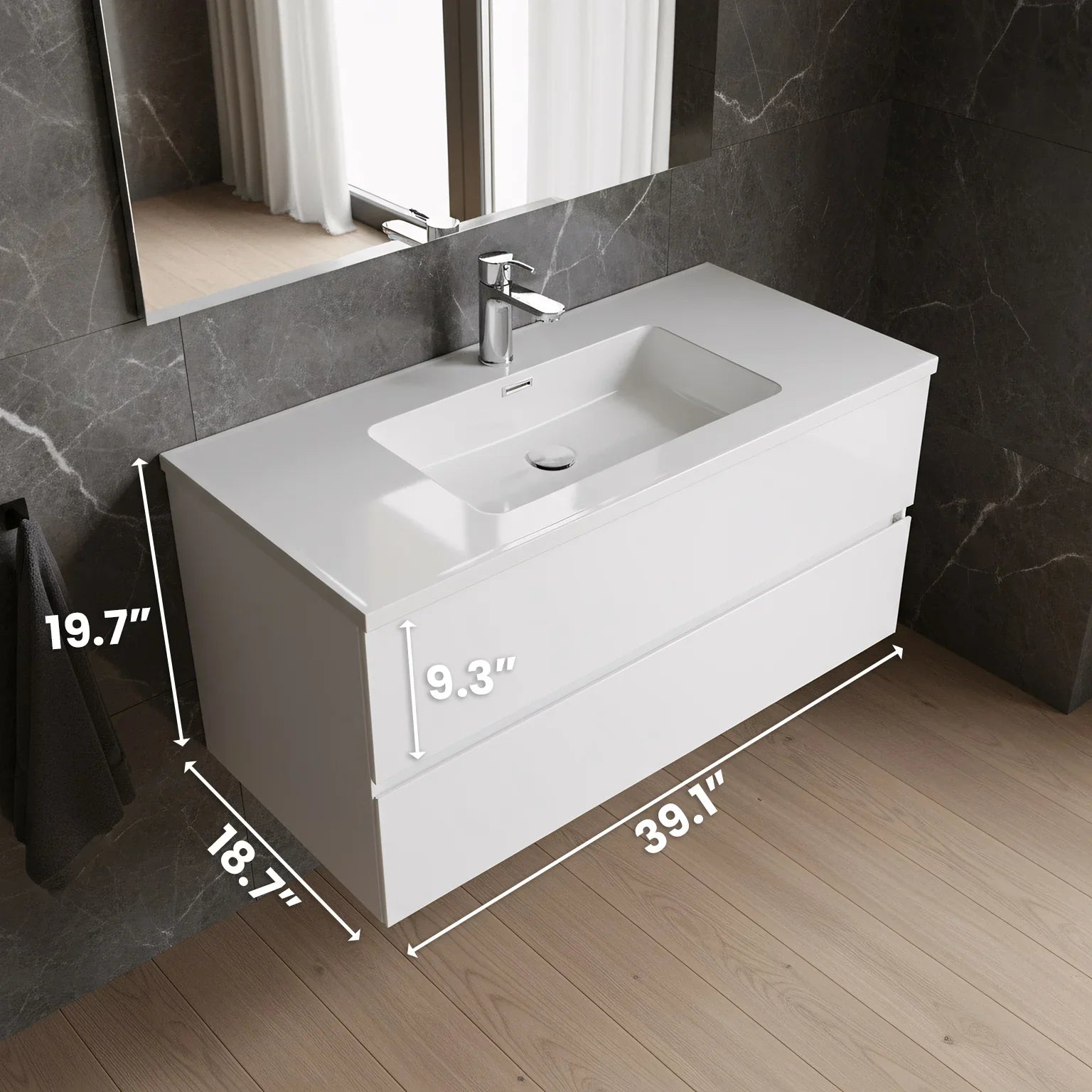 40" White Wall-Mount Single Sink Bathroom Vanity with Polymarble Countertop