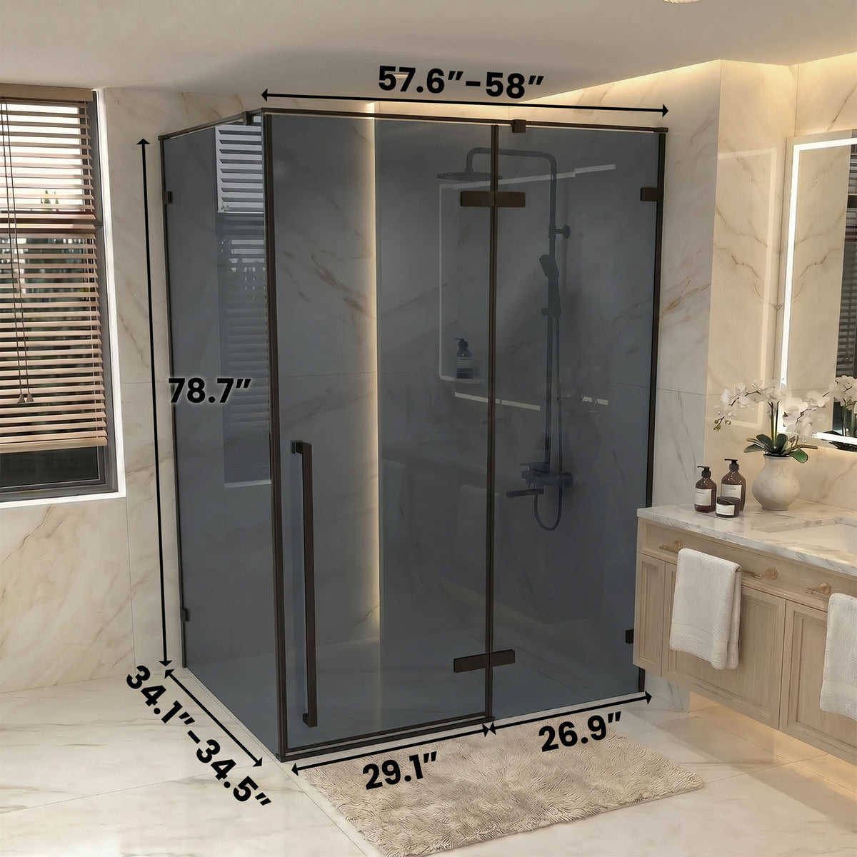 57.6"–58" W (Adjustable Width) x 79" H Frameless Reversible Pivot Shower Door in Matte Black with 34.1"–34.5" Black Tinted Glass Side Panel