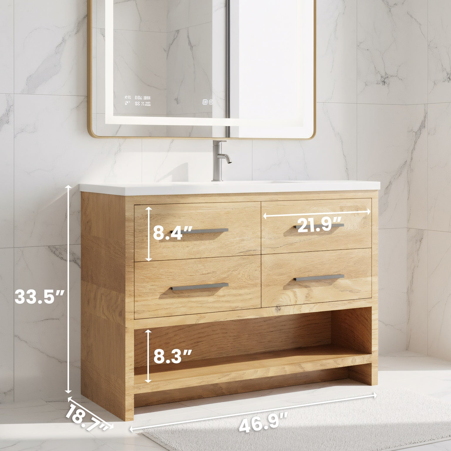 48" Rough Oak Freestanding Bathroom Vanity with White Polymarble Countertop