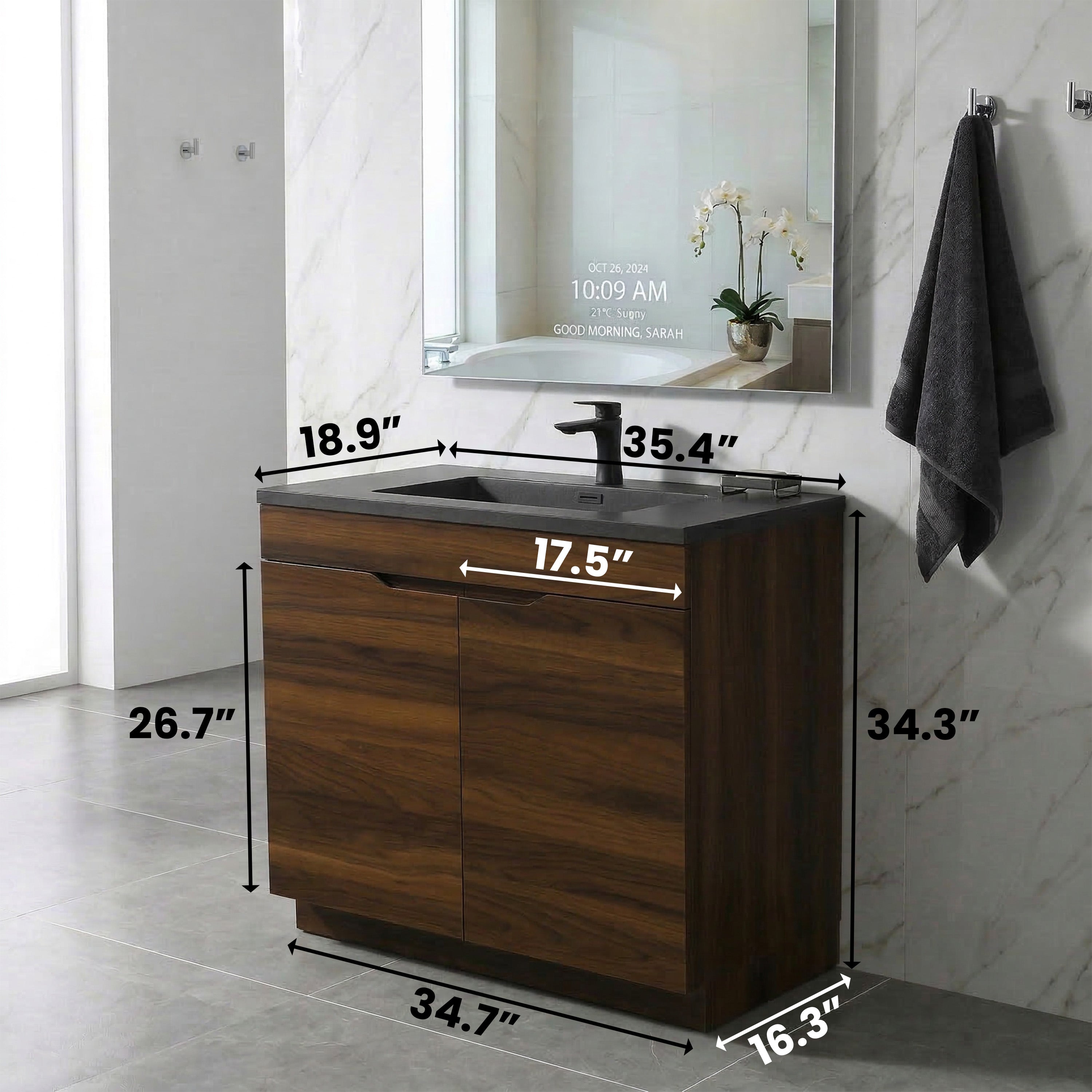 36" Walnut Freestanding Vanity with Black Engineered Quartz Countertop - Augusta Collection