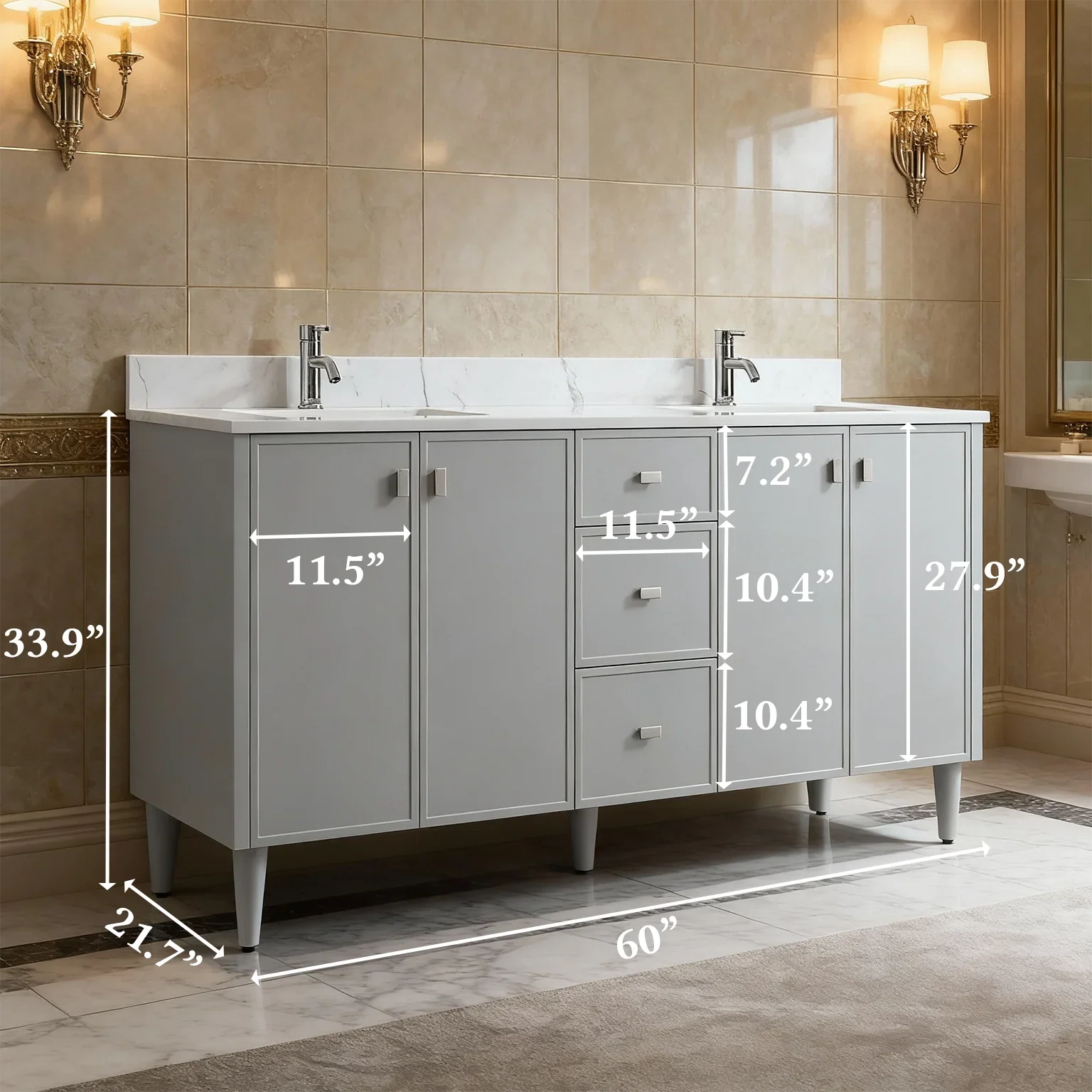 Meuble Lavabo Autoportant 60po Hampton Gris Double Vasque avec Comptoir Marbre Calcutta
