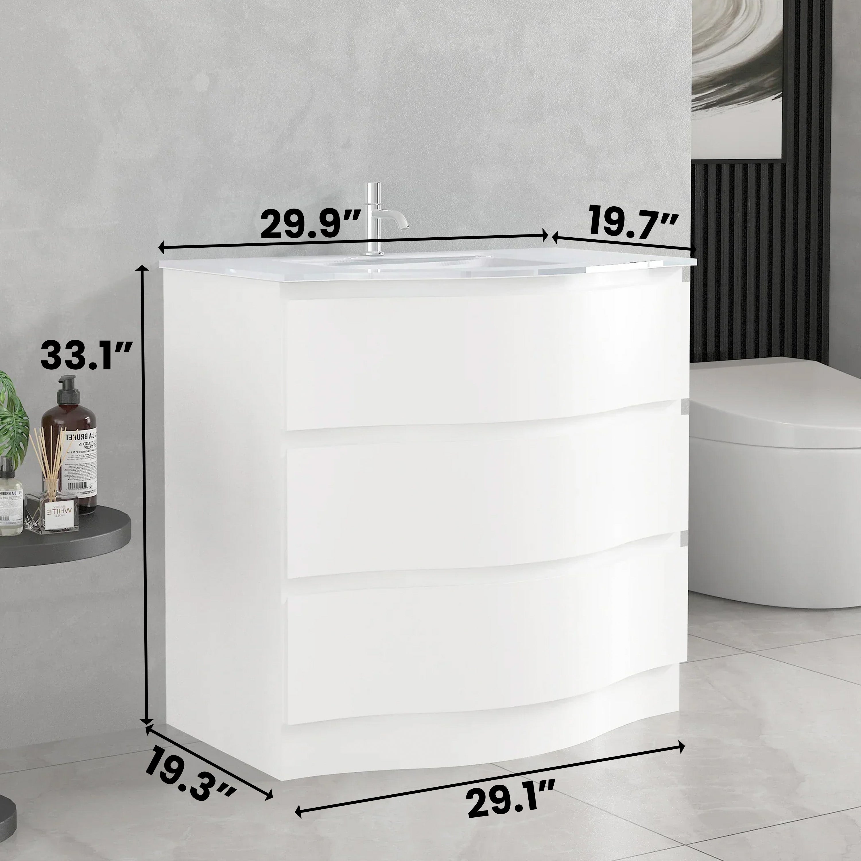 Meuble-Lavabo Autoportant 30po Blanc Mat avec Comptoir de Verre Blanc