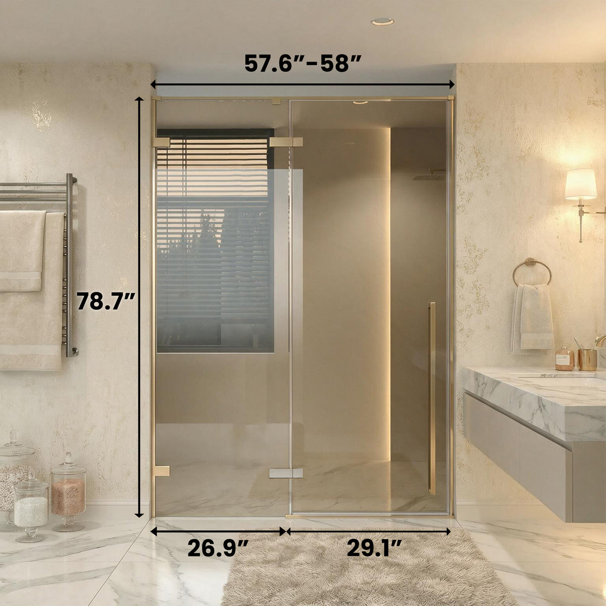 57,6po–58po L (largeur ajustable) x 79po H Porte de douche pivotante réversible sans cadre en or brossé avec verre brun teinté