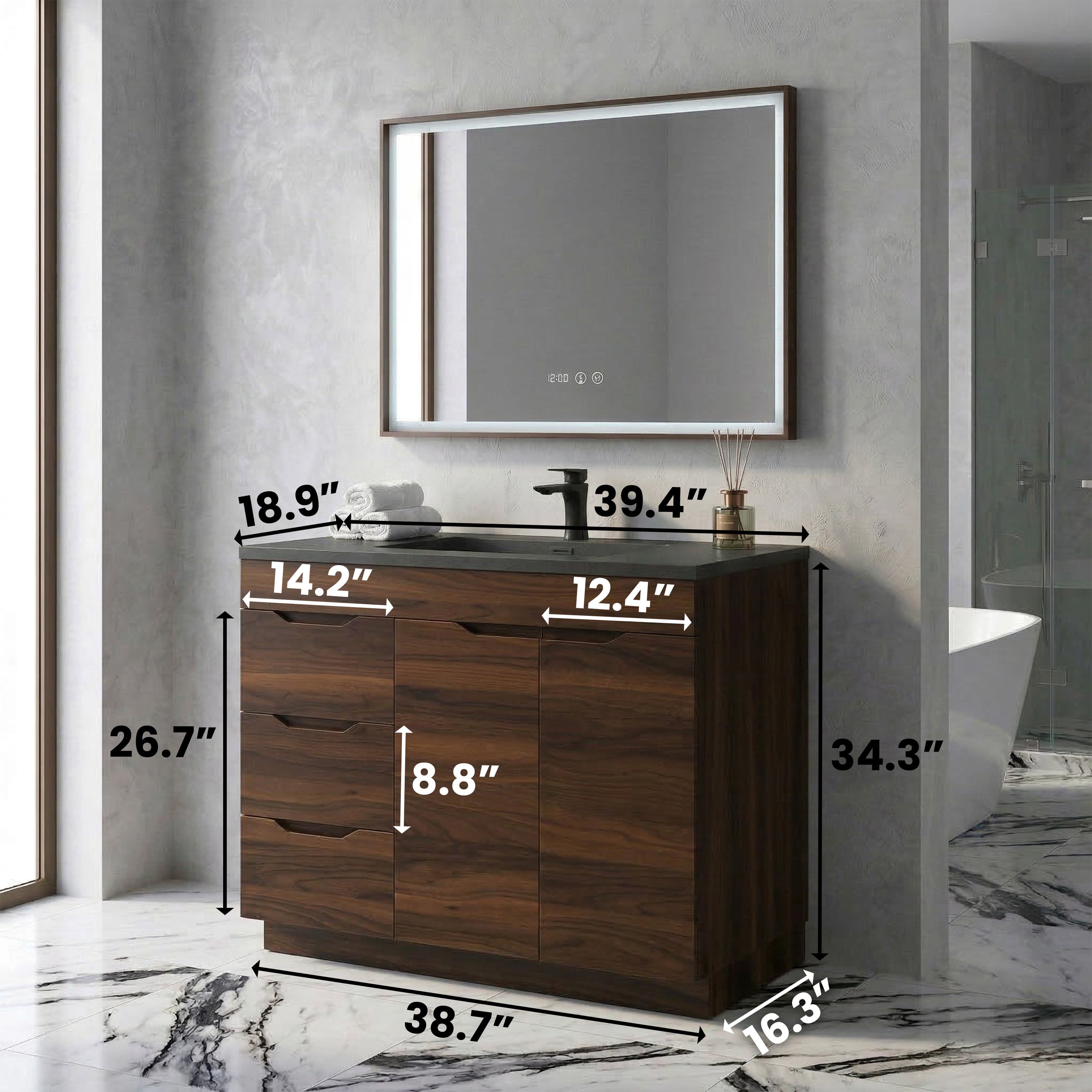 40 Inch Walnut Freestanding Bathroom Vanity with Black Engineered Quartz Countertop - Augusta Collection