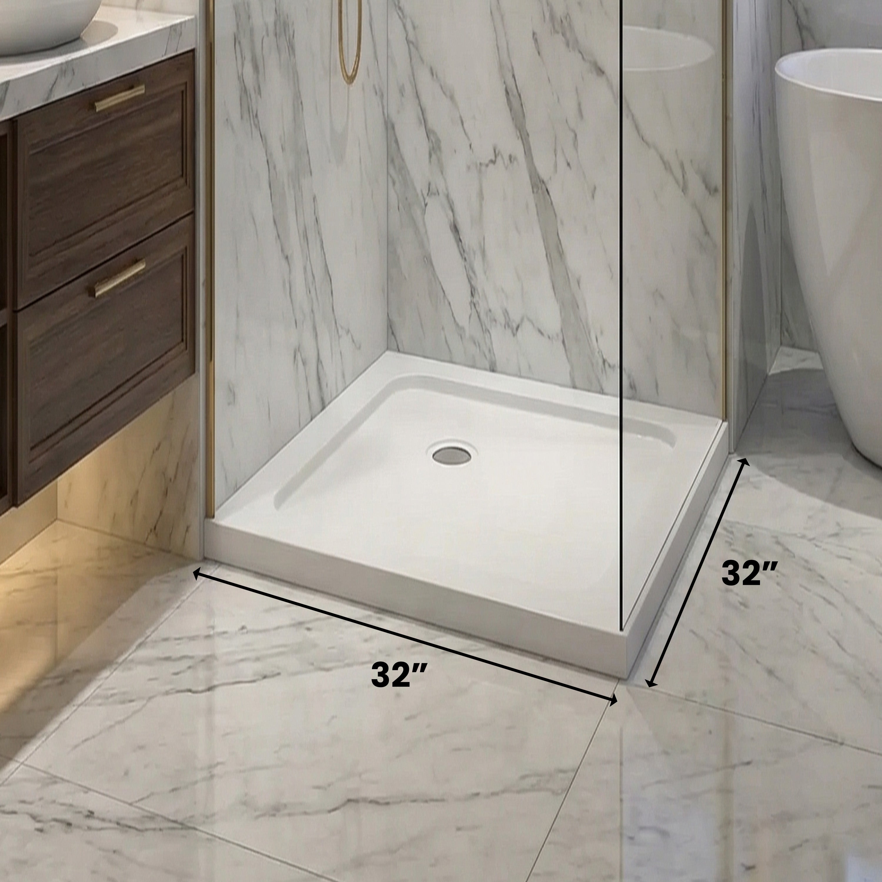 Base de douche 32po x 32po en acrylique blanc brillant avec drain au coin