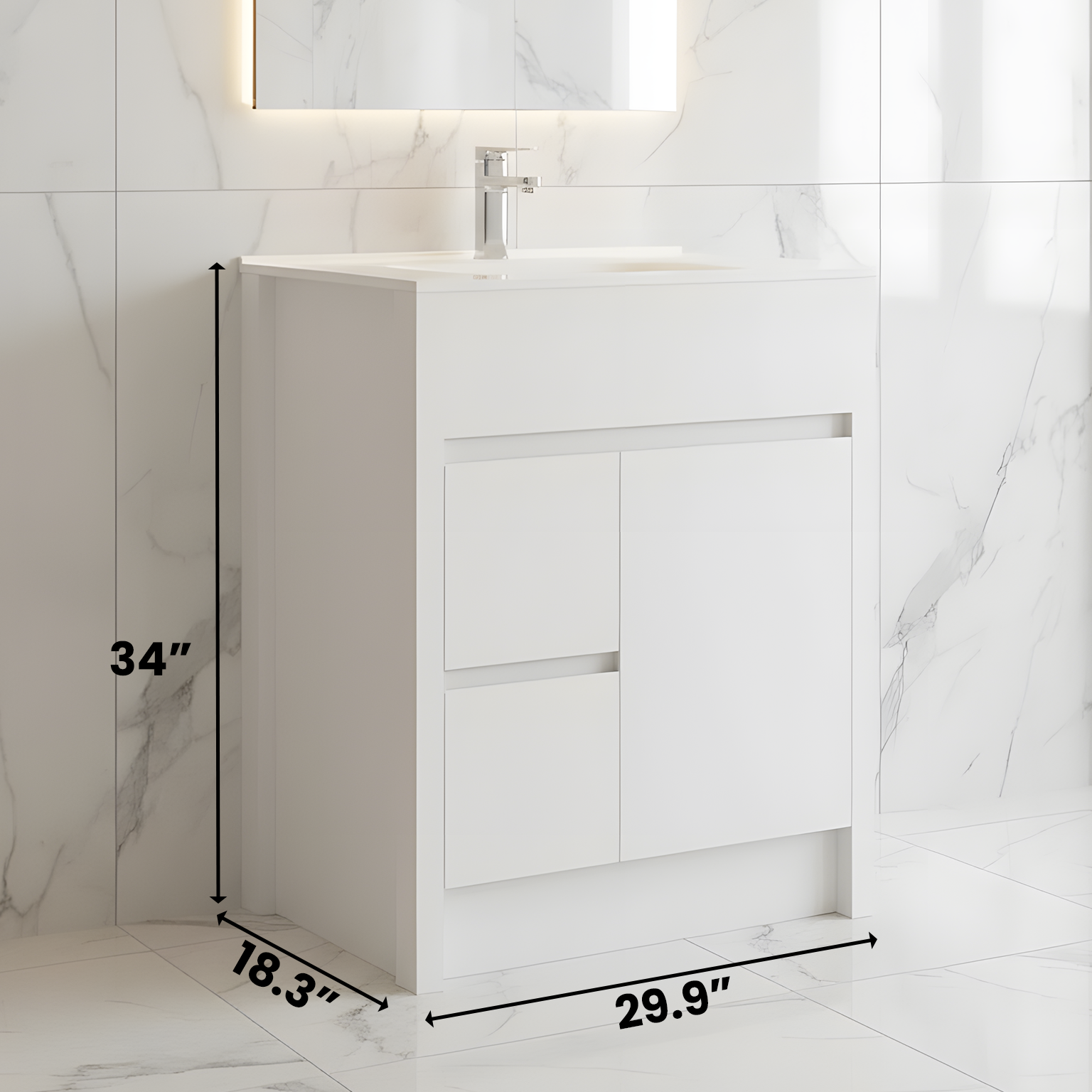 30" Matte White Freestanding Bathroom Vanity with White Ceramic Countertop