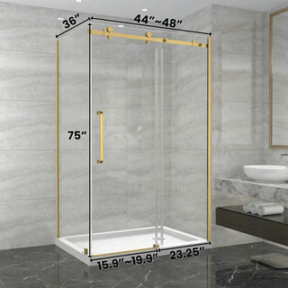 Porte de douche coulissante réversible 48" x 36" x 75" x 10mm avec design carré, quincaillerie en or brossé et panneau latéral 36"