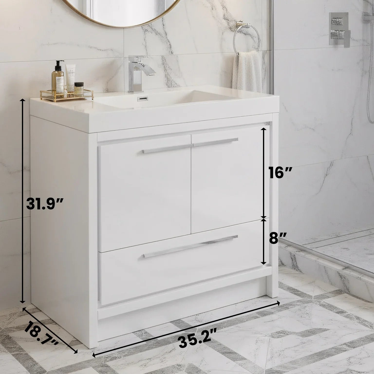 36" Glossy White Freestanding Bathroom Vanity with White Polymarble Countertop