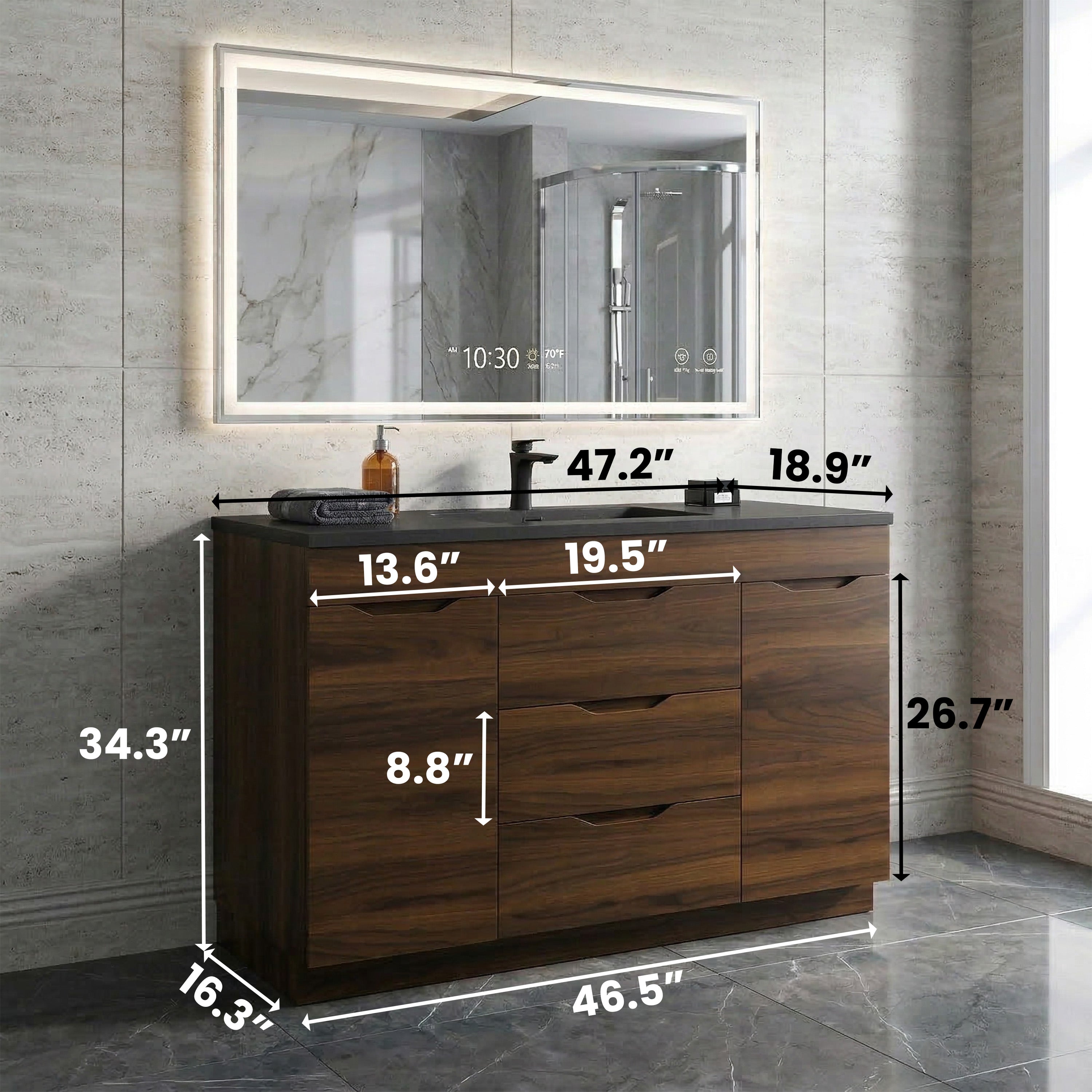 48" Walnut Freestanding Bathroom Vanity with Black Engineered Quartz Countertop
