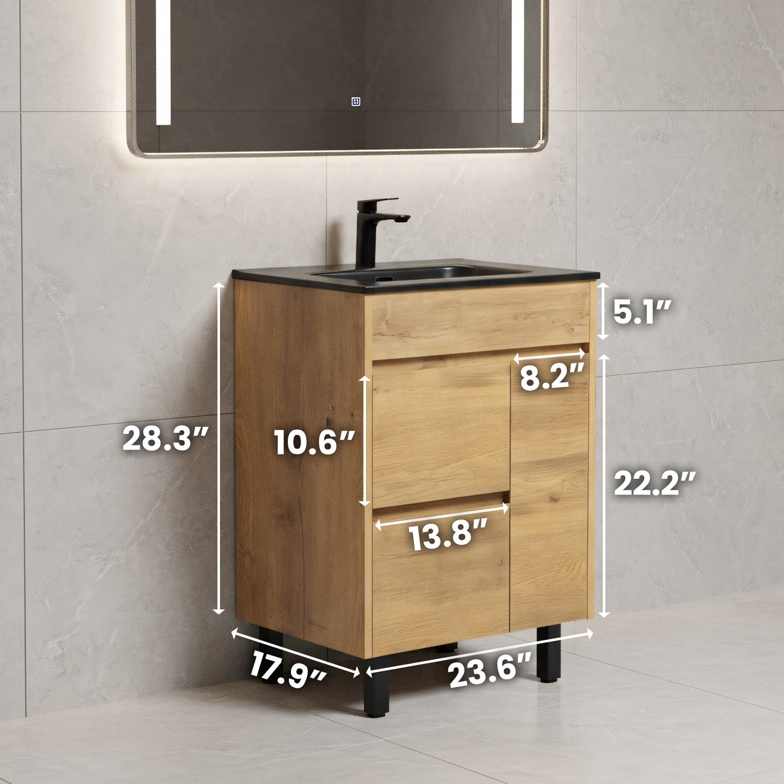 24" Frosted Oak Freestanding Single Sink Bathroom Vanity with Black Ceramic Countetop