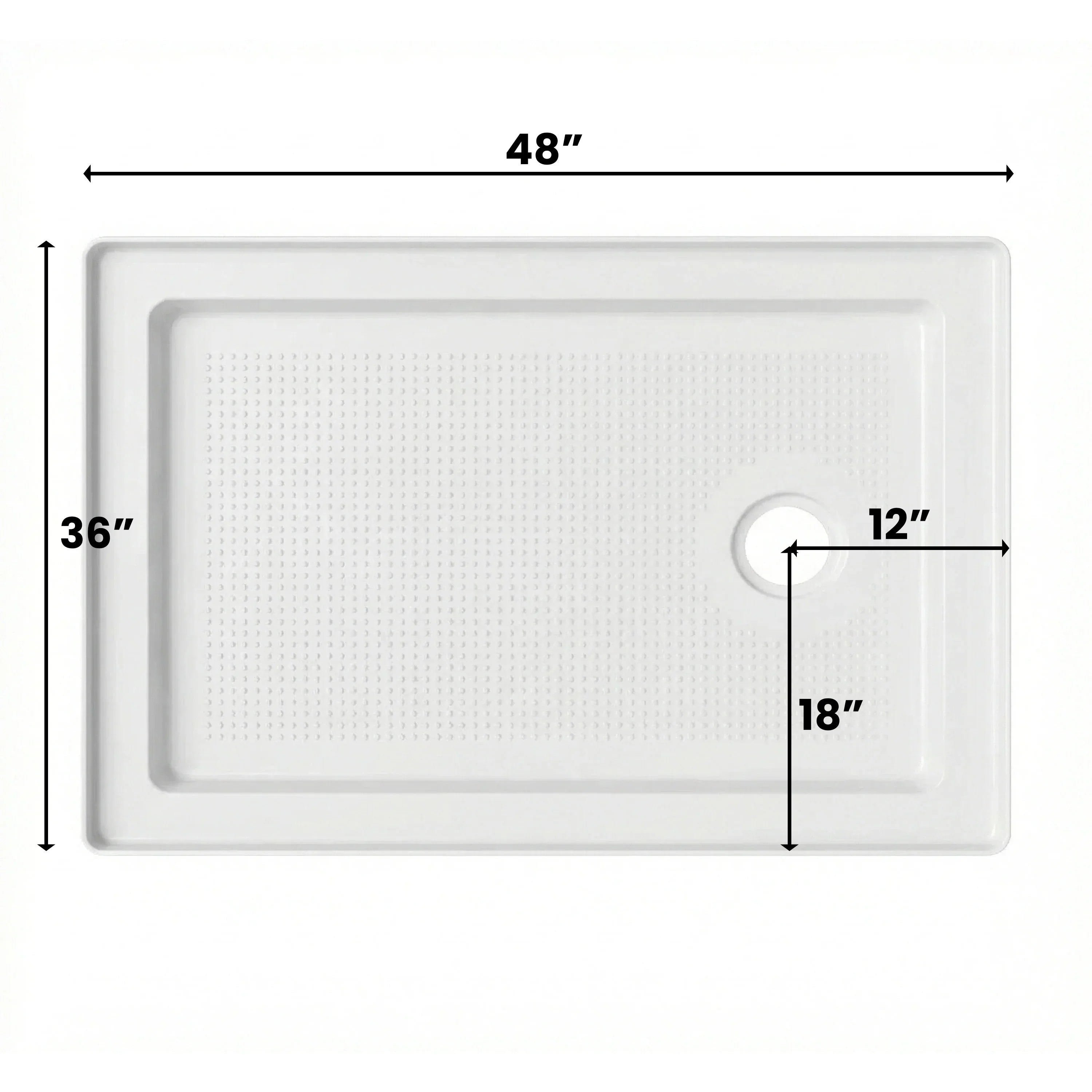 Base de douche blanche en acrylique 48po x 36po – Drain à droite, 2 murs