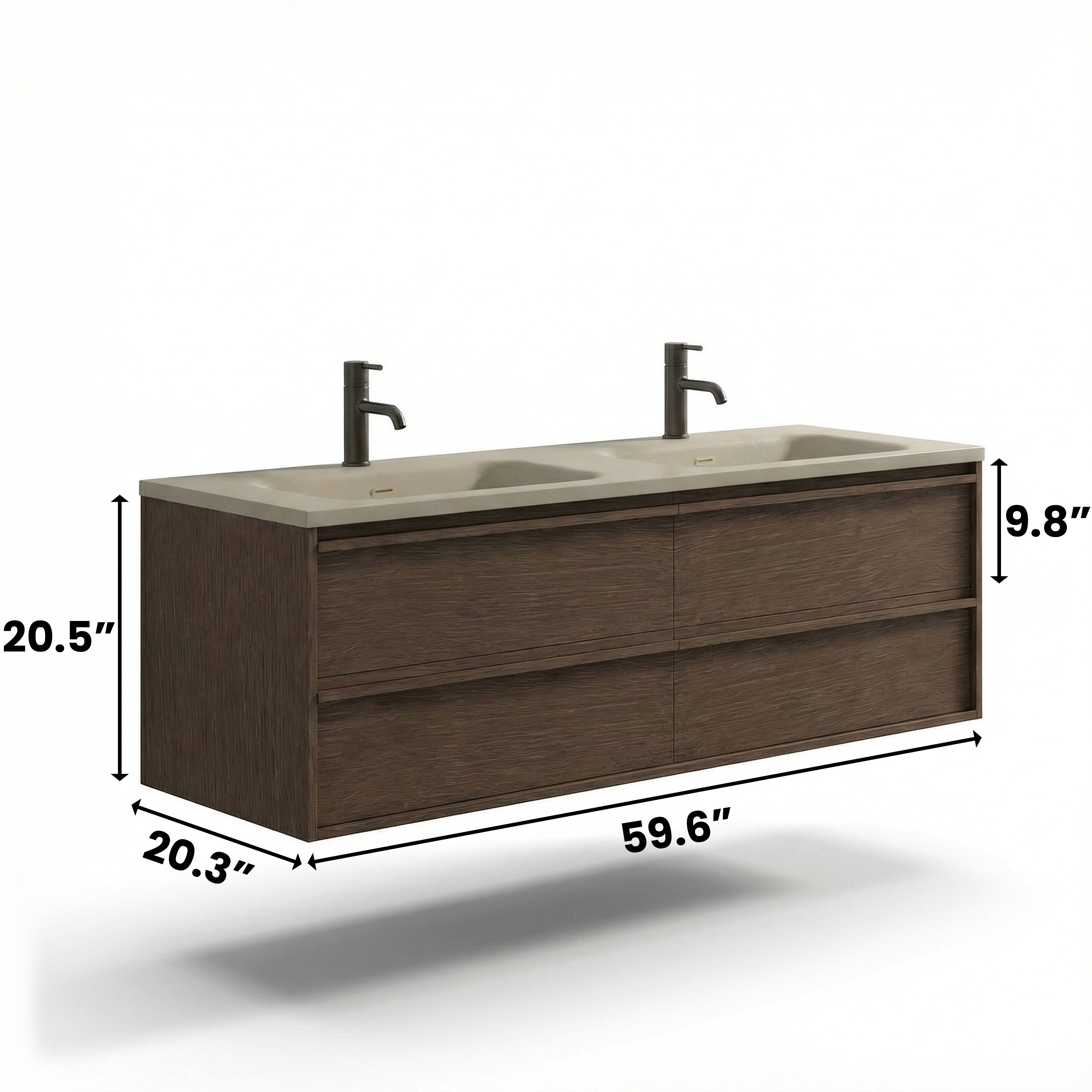 Meuble-lavabo Mural en Noisette 60 po avec Comptoir Intégré en Surface Solide Nano Taupe et Doubles Lavabos avec Pop-up