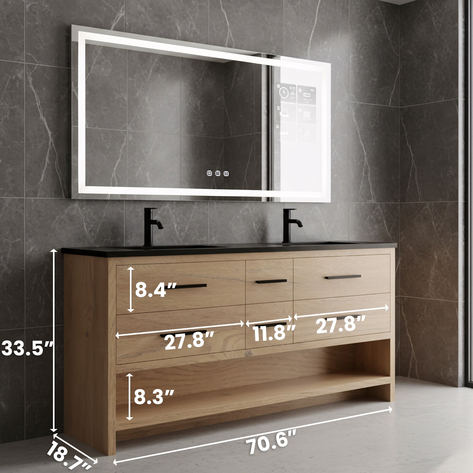 72" Rough Oak Freestanding Double Sink Bathroom Vanity with Black Engineered Quartz Countertop