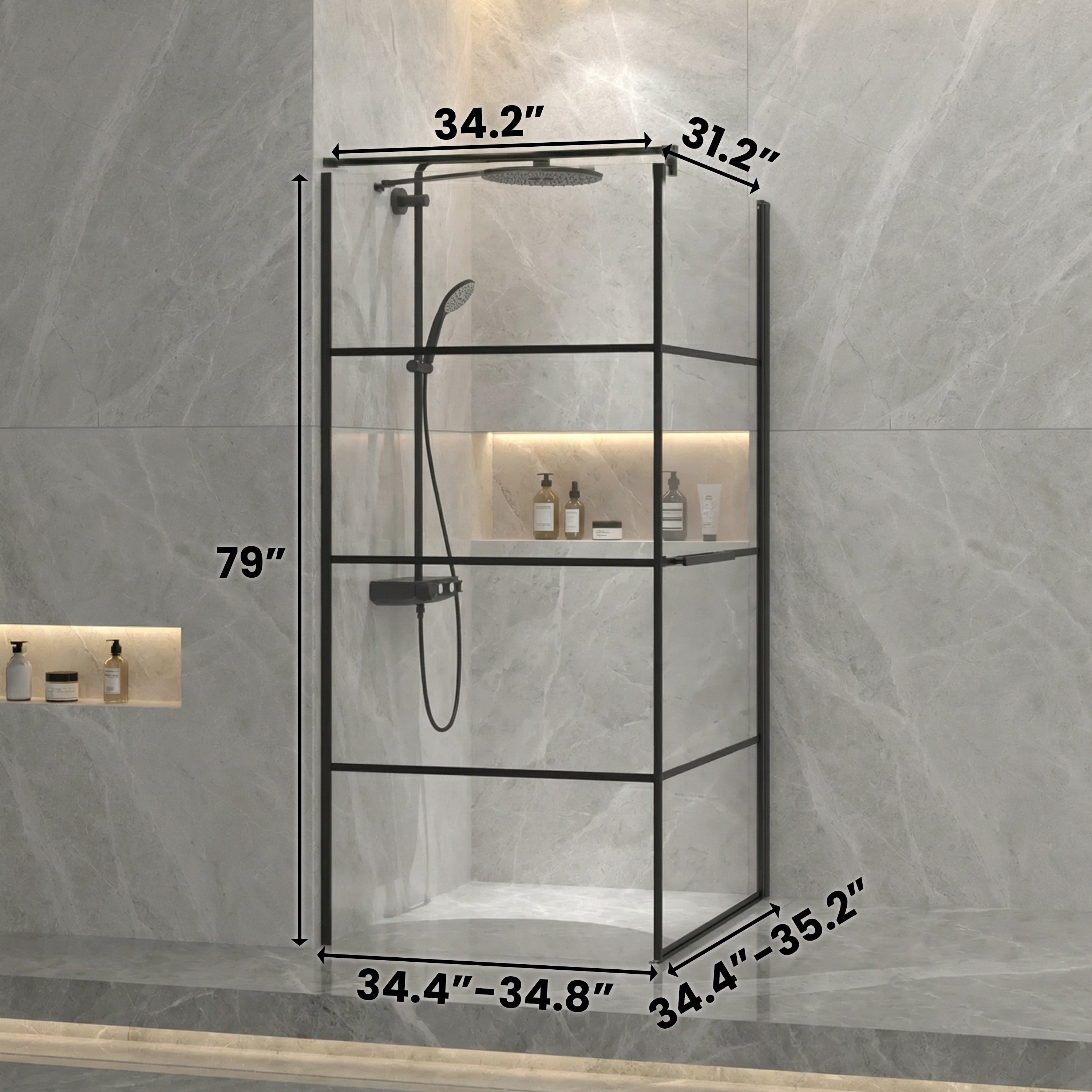 Cabine de Douche Coin 36po x 36po x 79po Noir Mat avec Porte Pivotante Réversible