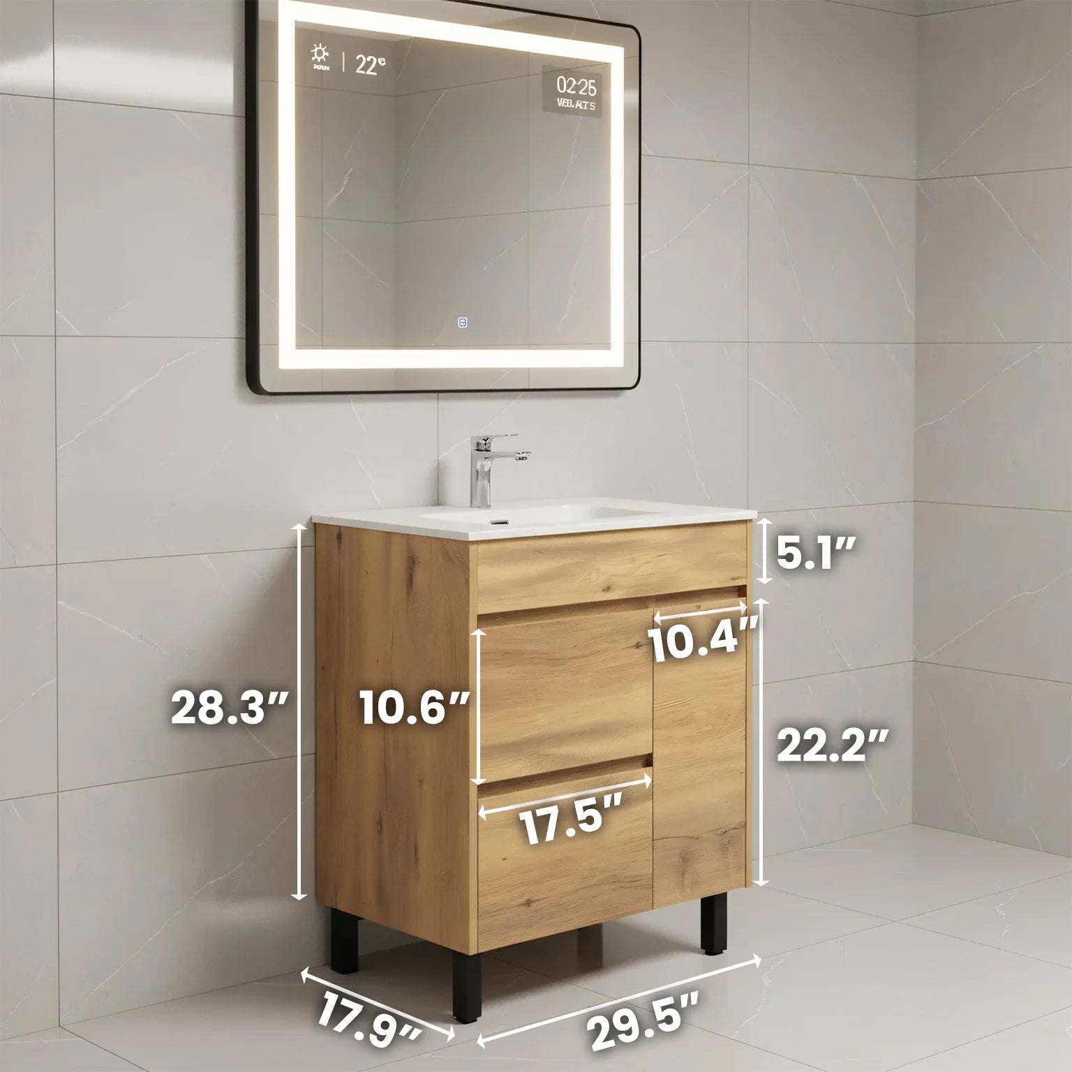30" Frosted Oak Freestanding Bathroom Vanity with White Ceramic Countertop