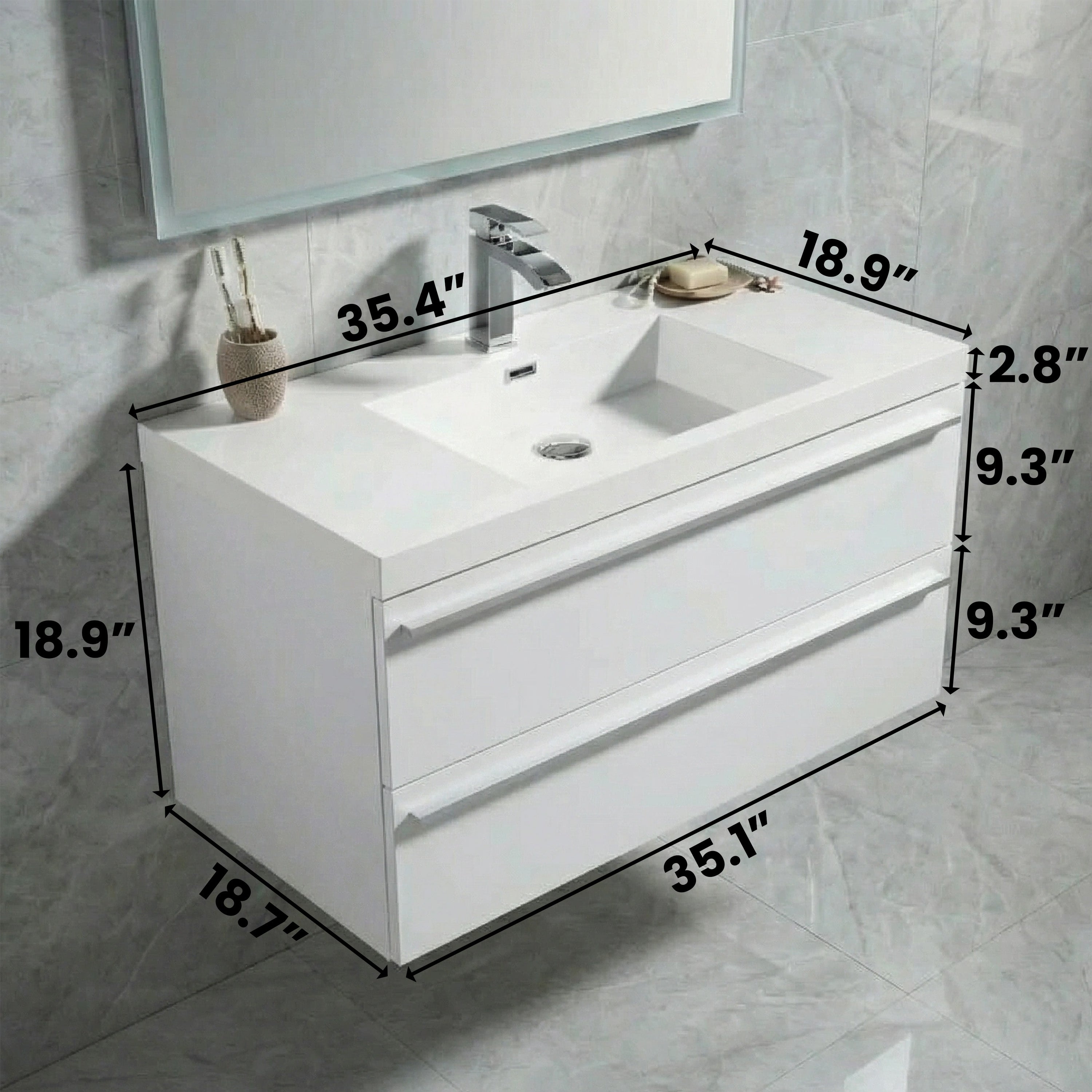 Meuble-Lavabo Mural Blanc de 36 po avec Comptoir en Polymarbre Blanc