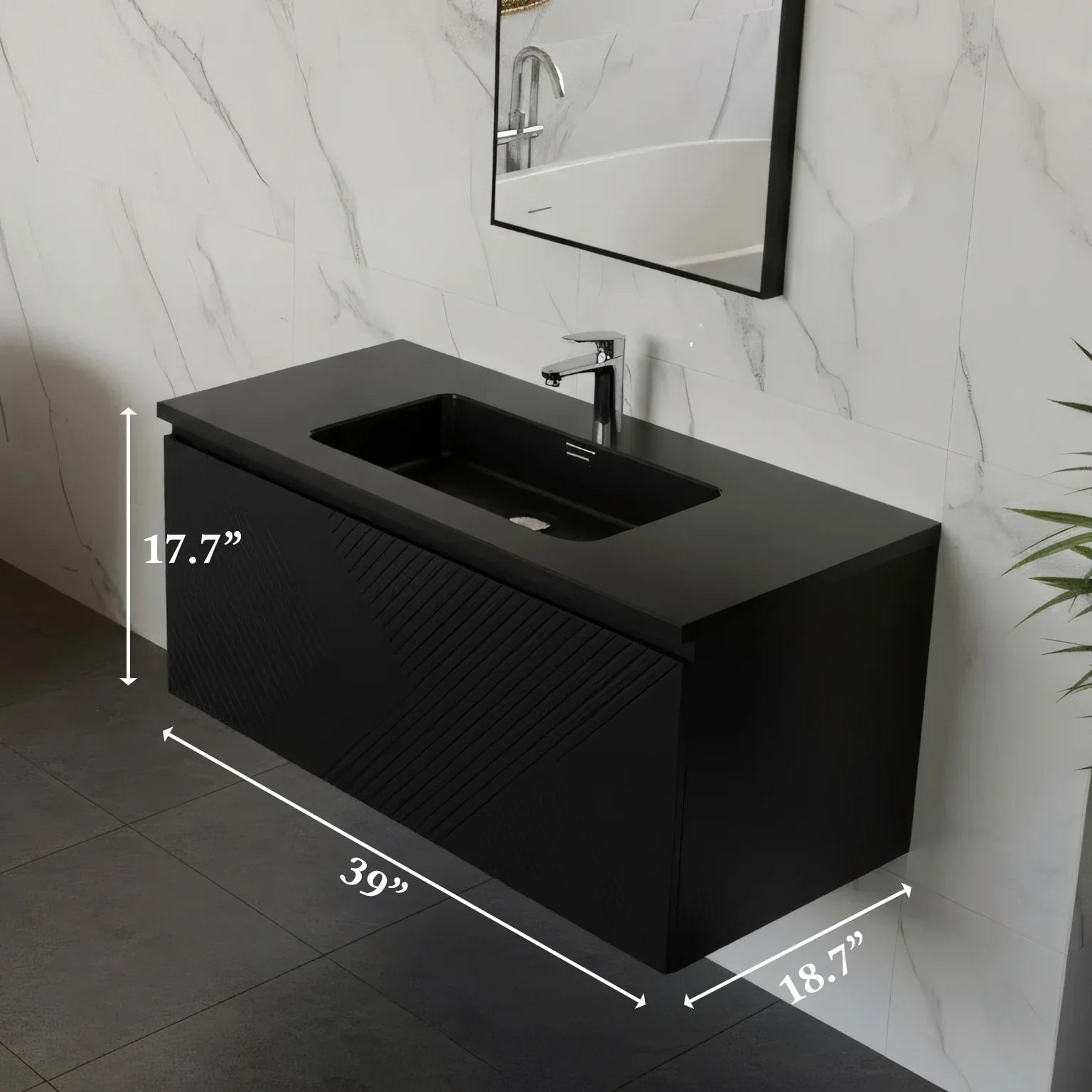 Meuble-lavabo mural noir 40" avec Comptoir en quartz noir conçu Roxboro