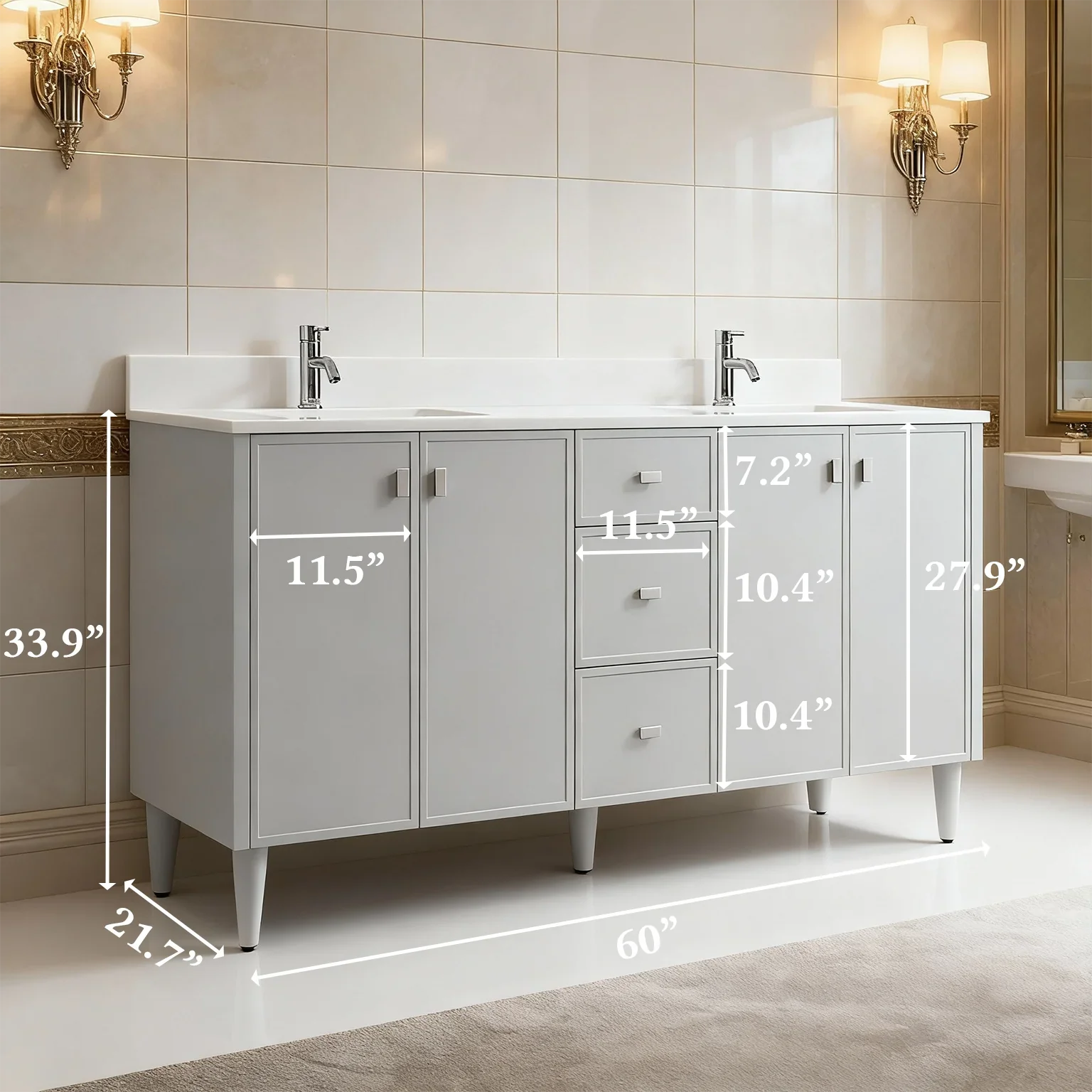 Meuble-Lavabo Autoportant 60po Gris Hampton avec Comptoir de Quartz Blanc Pur