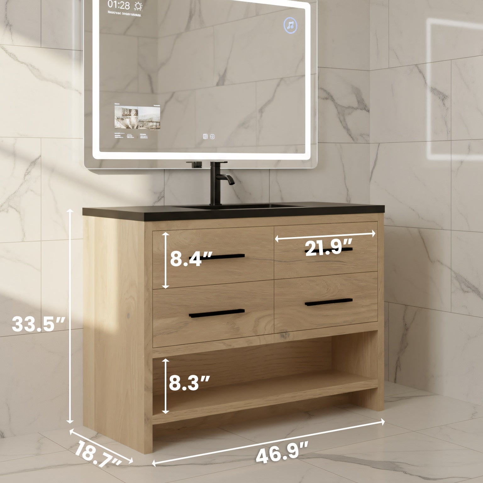 48" Rough Oak Freestanding Bathroom Vanity with Black Engineered Quartz Countertop