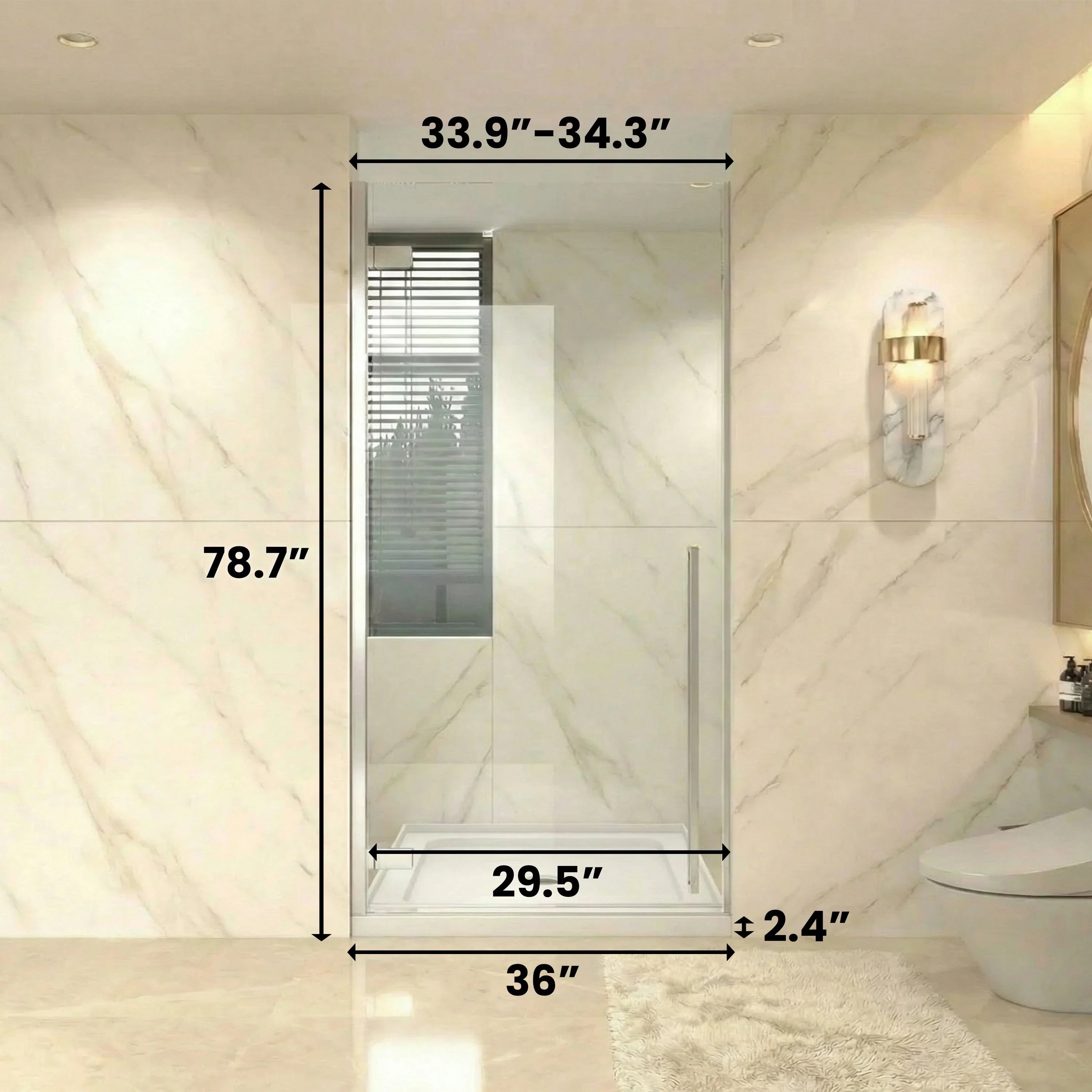 Porte de douche pivotante chromée 36po x 79po avec base acrylique blanche 36po