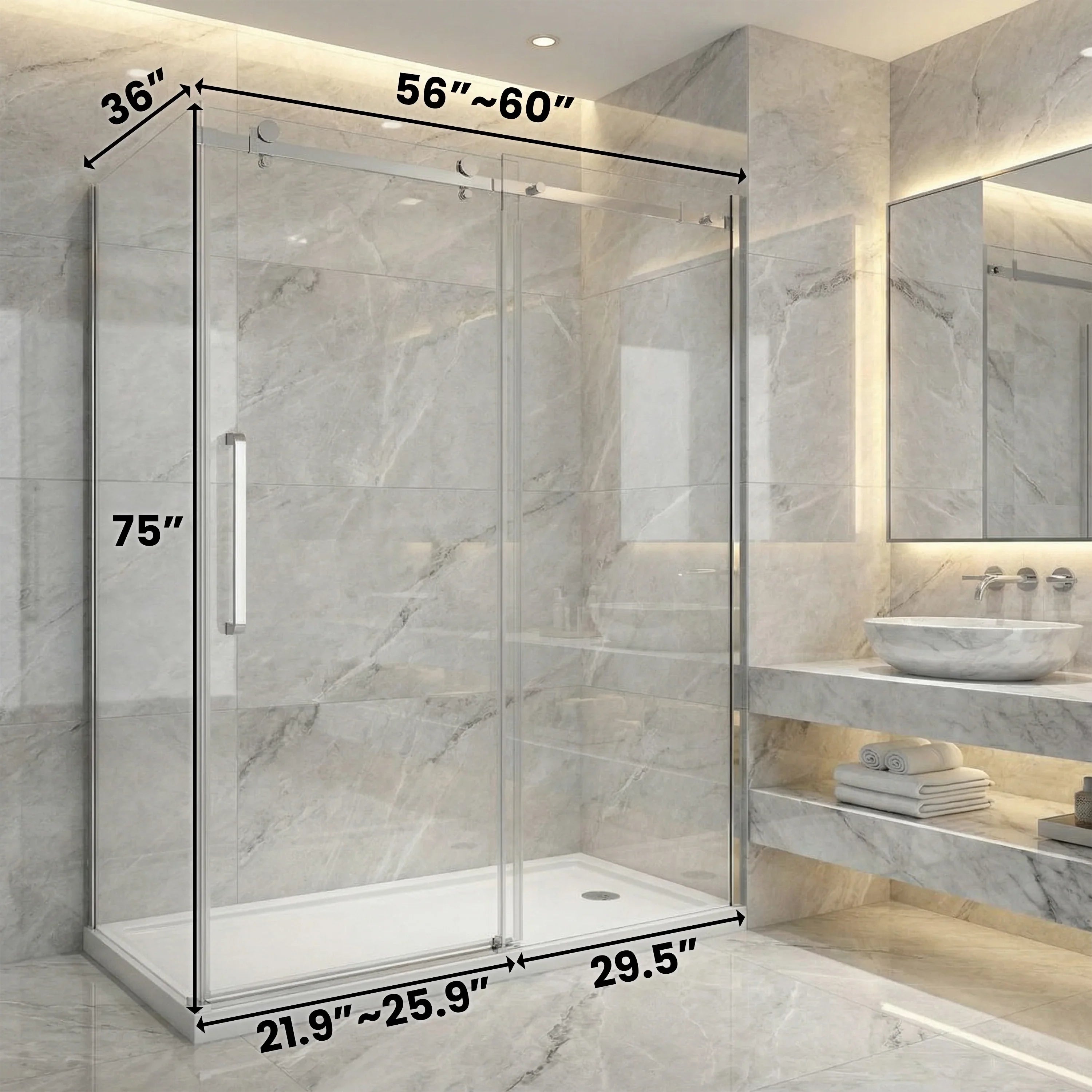 Porte de douche coulissante réversible 60po x 36po x 75po avec quincaillerie chromée carrée