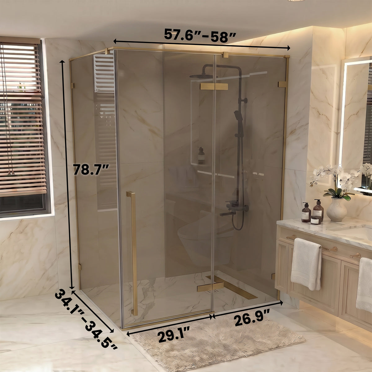57,6po–58po L (largeur ajustable) x 79po H Porte de douche pivotante réversible sans cadre en or brossé avec verre brun teinté et panneau latéral 34,1po–34,5po