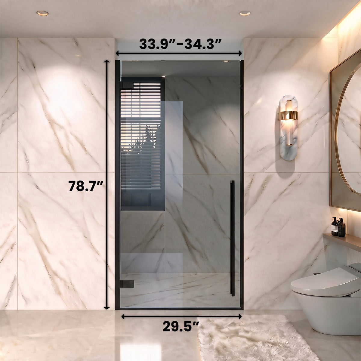 33,9po–34,3po L (largeur ajustable) x 79po H Porte de douche pivotante réversible sans cadre en noir mat avec verre teinté noir