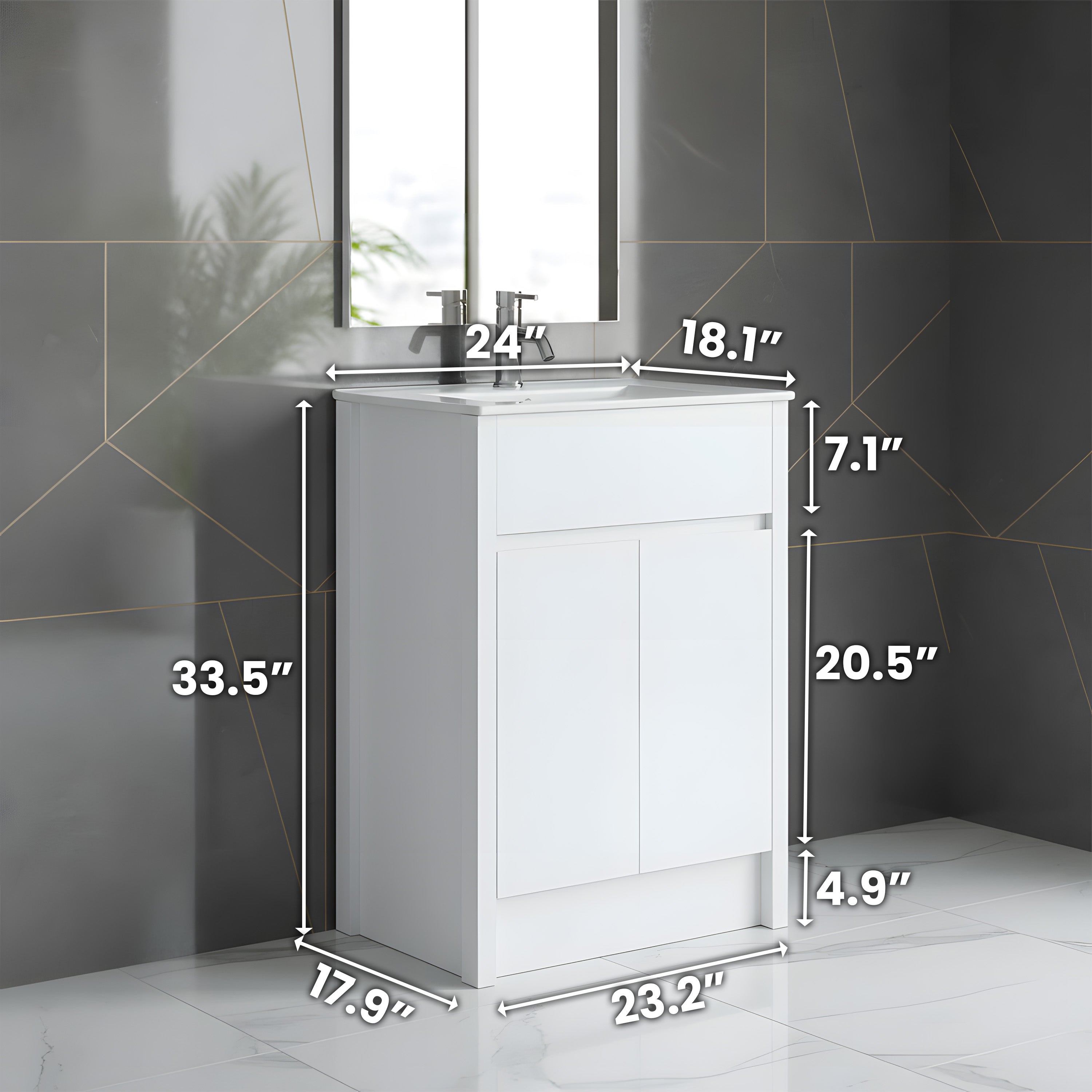 24" White Oak Freestanding Bathroom Vanity with White Ceramic Countertop
