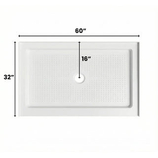 Receveur de douche rectangulaire en acrylique blanc 60 po x 32 po, installation à 2 ou 3 parois avec drain linéaire central