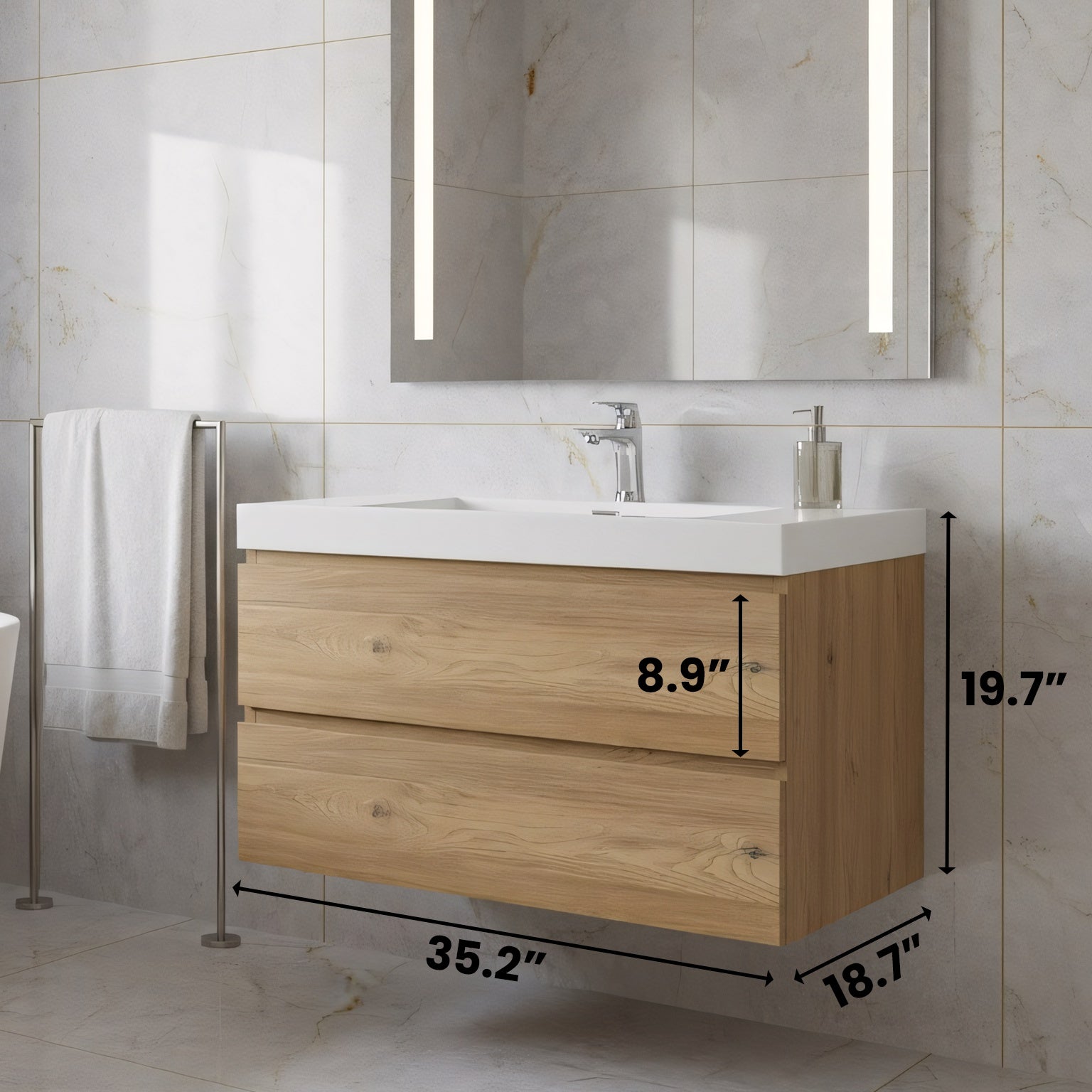 36" Rough Oak Wall Mount Bathroom Vanity with White Polymarble Countertop