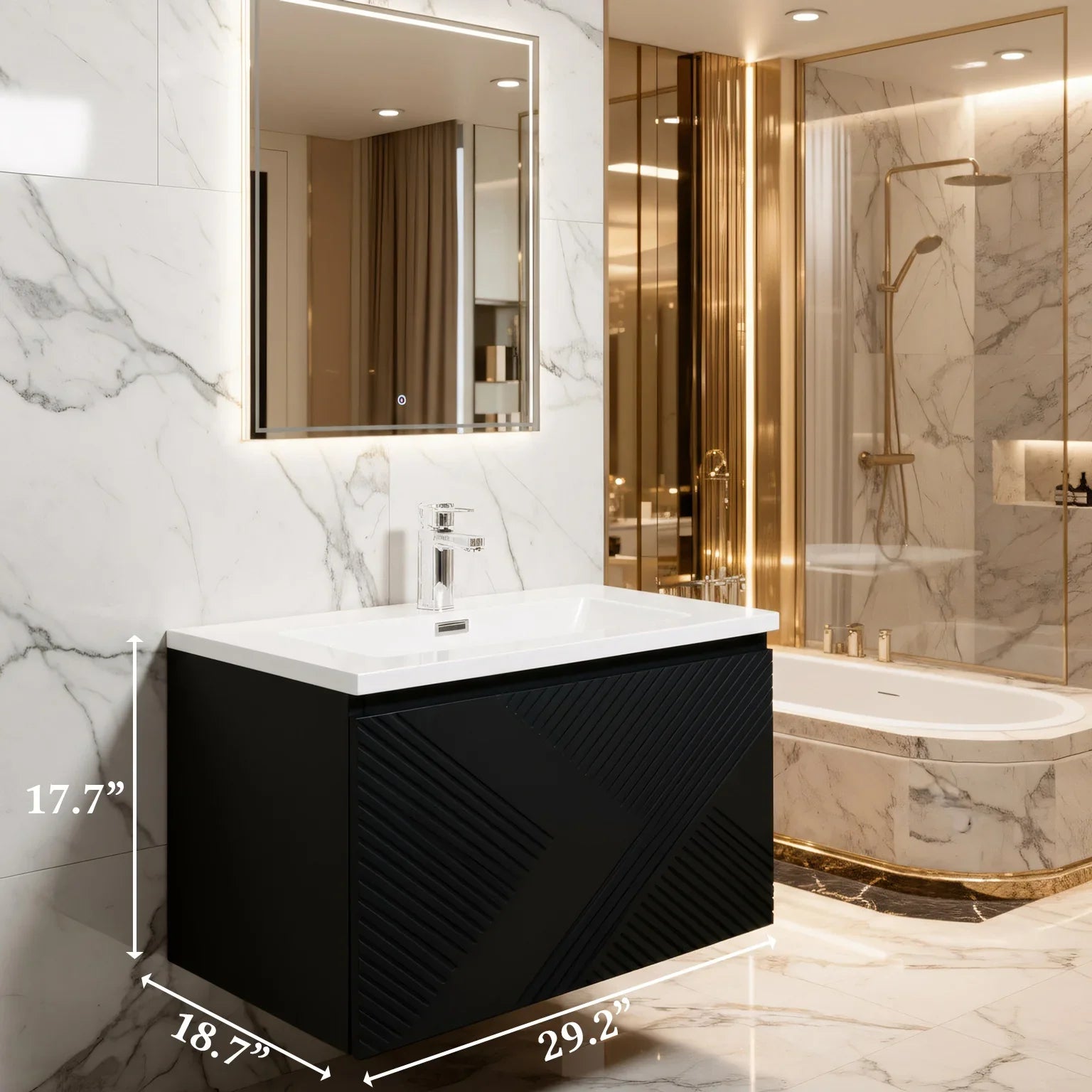 Meuble-lavabo mural noir 30" avec Comptoir en polymarbre blanc