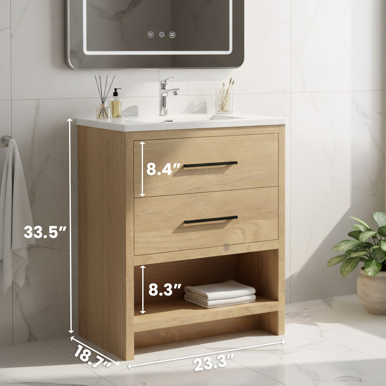 24" Rough Oak Freestanding Bathroom Vanity with White Polymarble Countertop