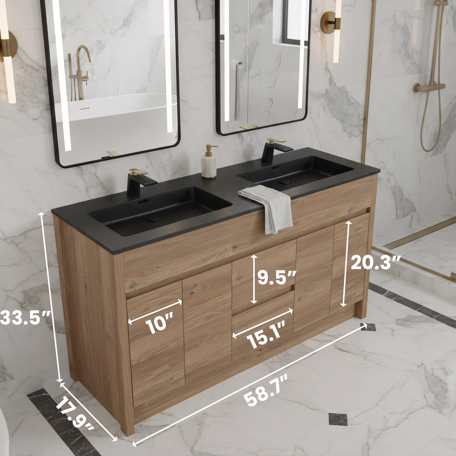 Meuble-Lavabo Autoportant 60po Chêne Brut avec Comptoir de Quartz d'ingénierie Noir