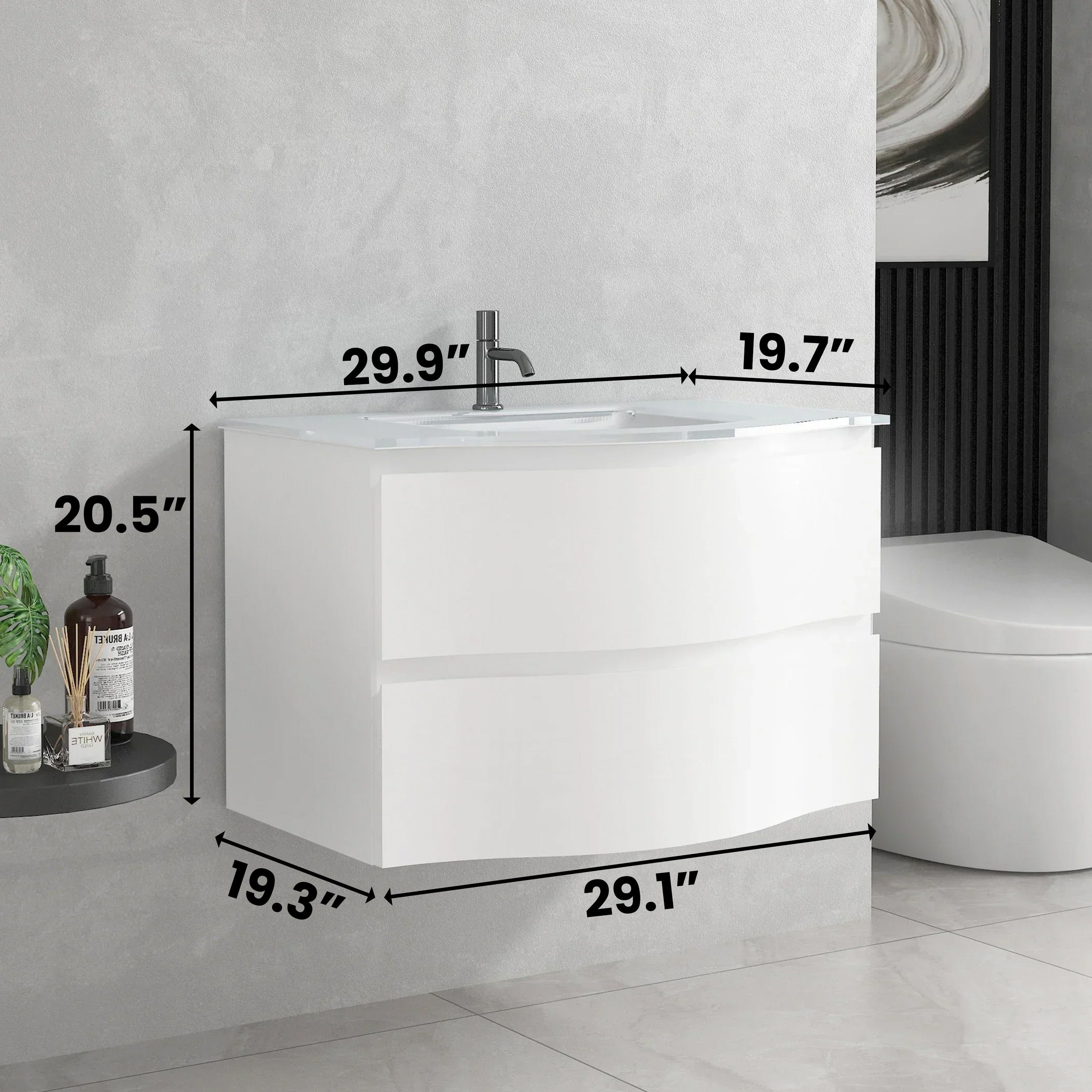 Meuble-Lavabo Mural 30po Blanc Mat avec Comptoir de Verre Blanc