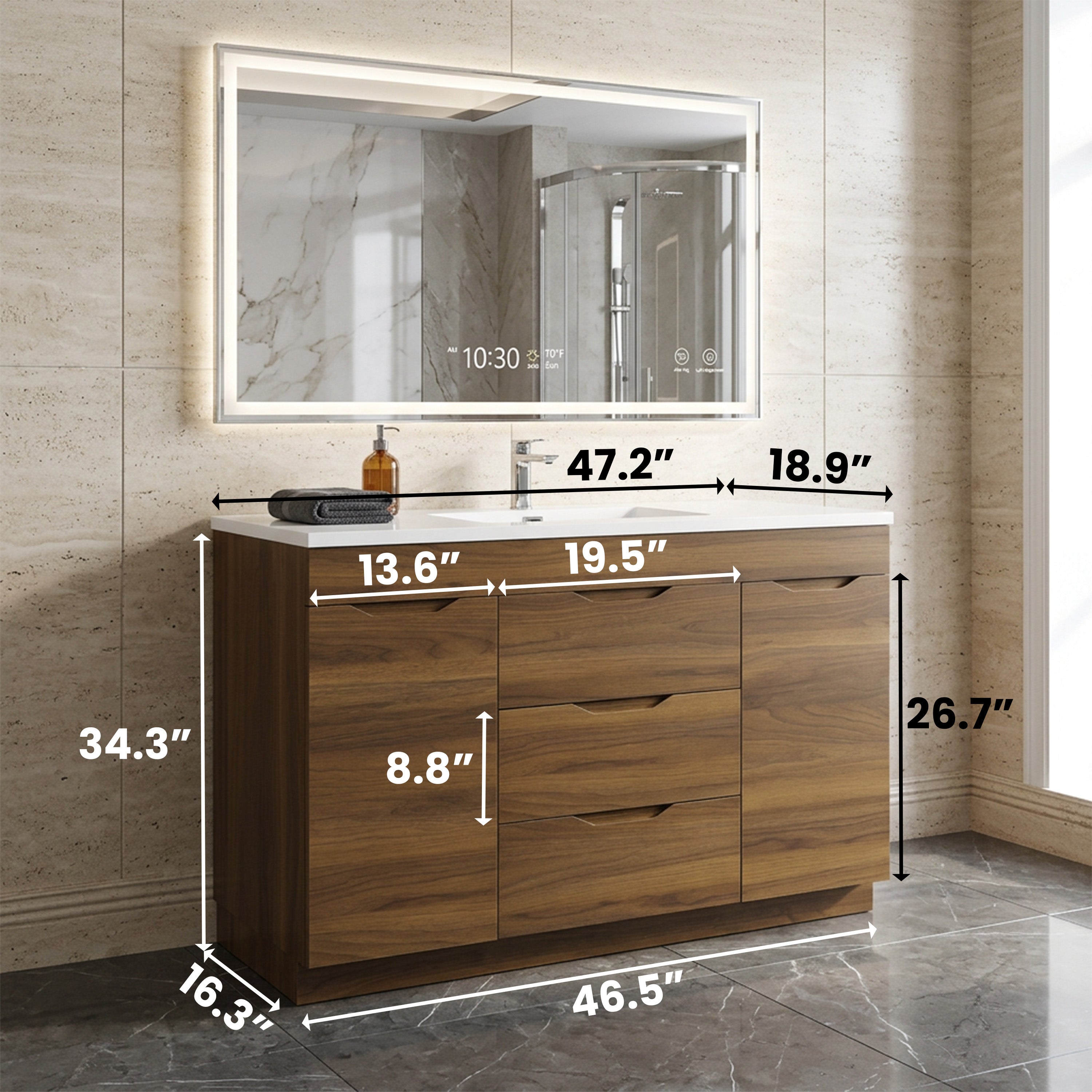 Meuble Lavabo Autoportant Noyer 48 Pouces avec Comptoir Polymarbre Blanc