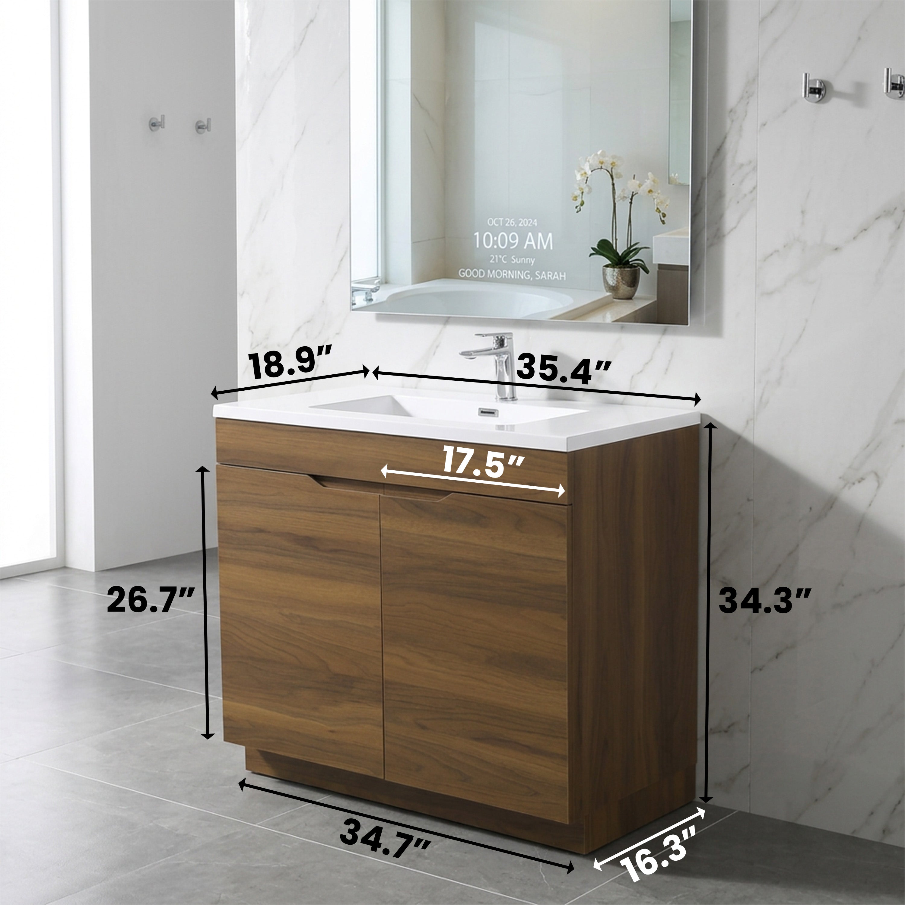36" Walnut Freestanding Single Sink Bathroom Vanity with White Polymarble Countertop