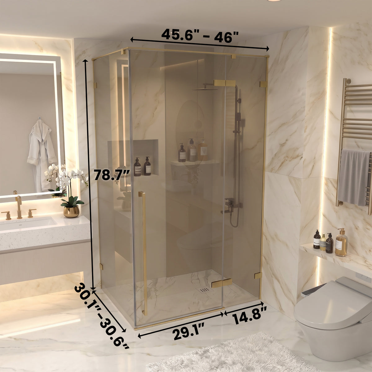 45.6"–46" W (Adjustable Width) x 79" H Frameless Reversible Pivot Shower Door in Brushed Gold with Brown Tinted Glass & 30.2"–30.5" Side Panel