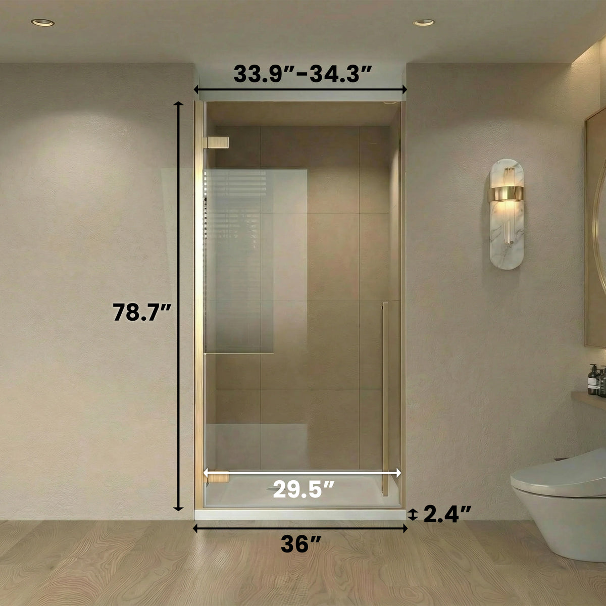 33,9po–34,3po L (largeur ajustable) x 79po H Porte de douche pivotante réversible sans cadre en or brossé avec verre teinté brun et base acrylique blanche