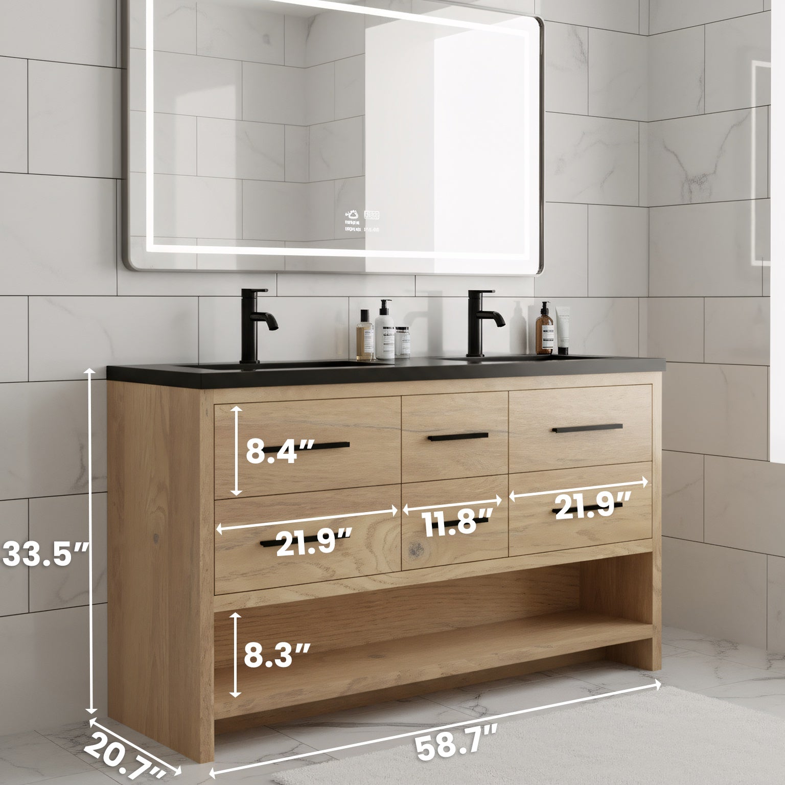 60" Rough Oak Freestanding Double Sink Bathroom Vanity with Black Engineered Quartz Countertop