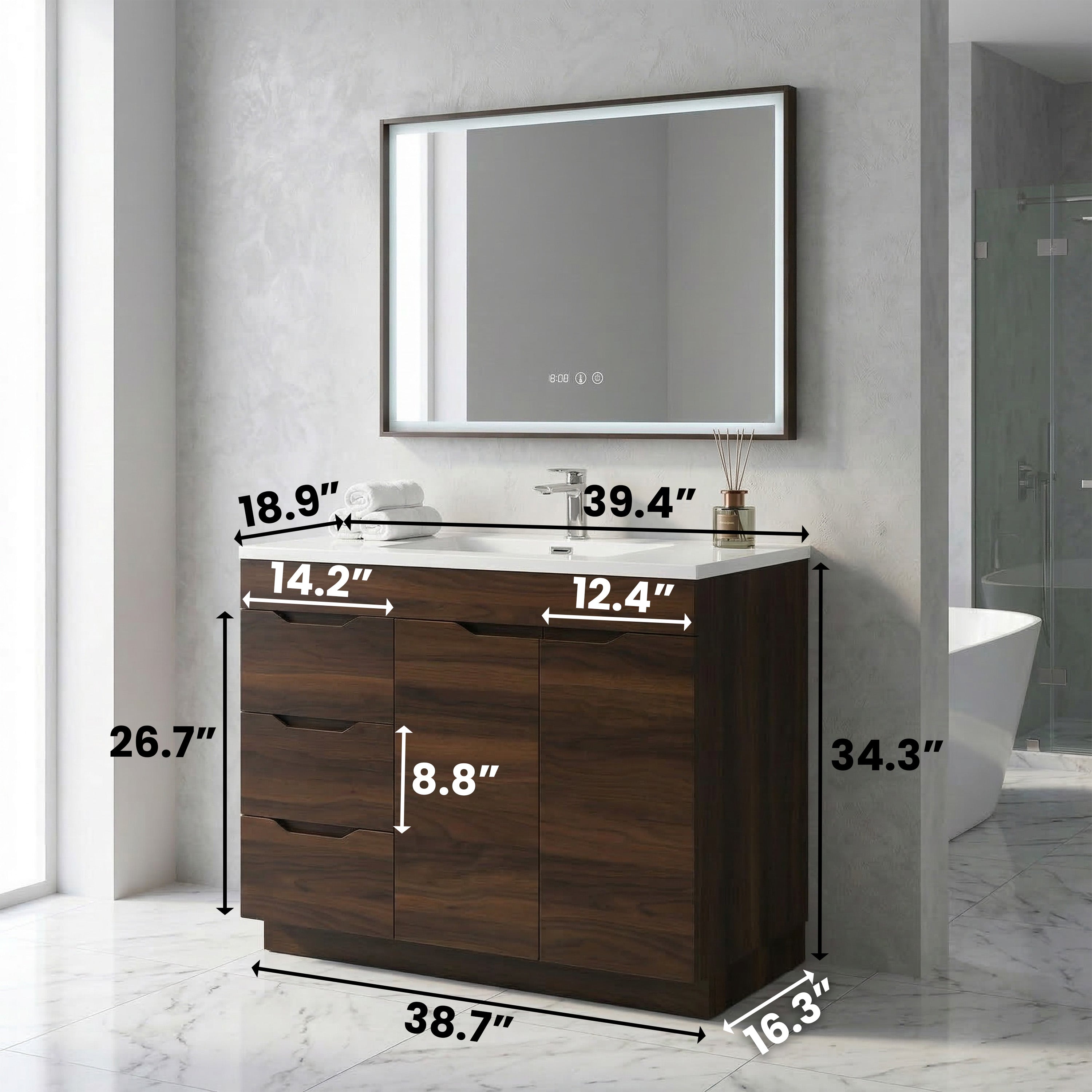40 Inch Walnut Freestanding Vanity with White Polymarble Countertop - Augusta Collection