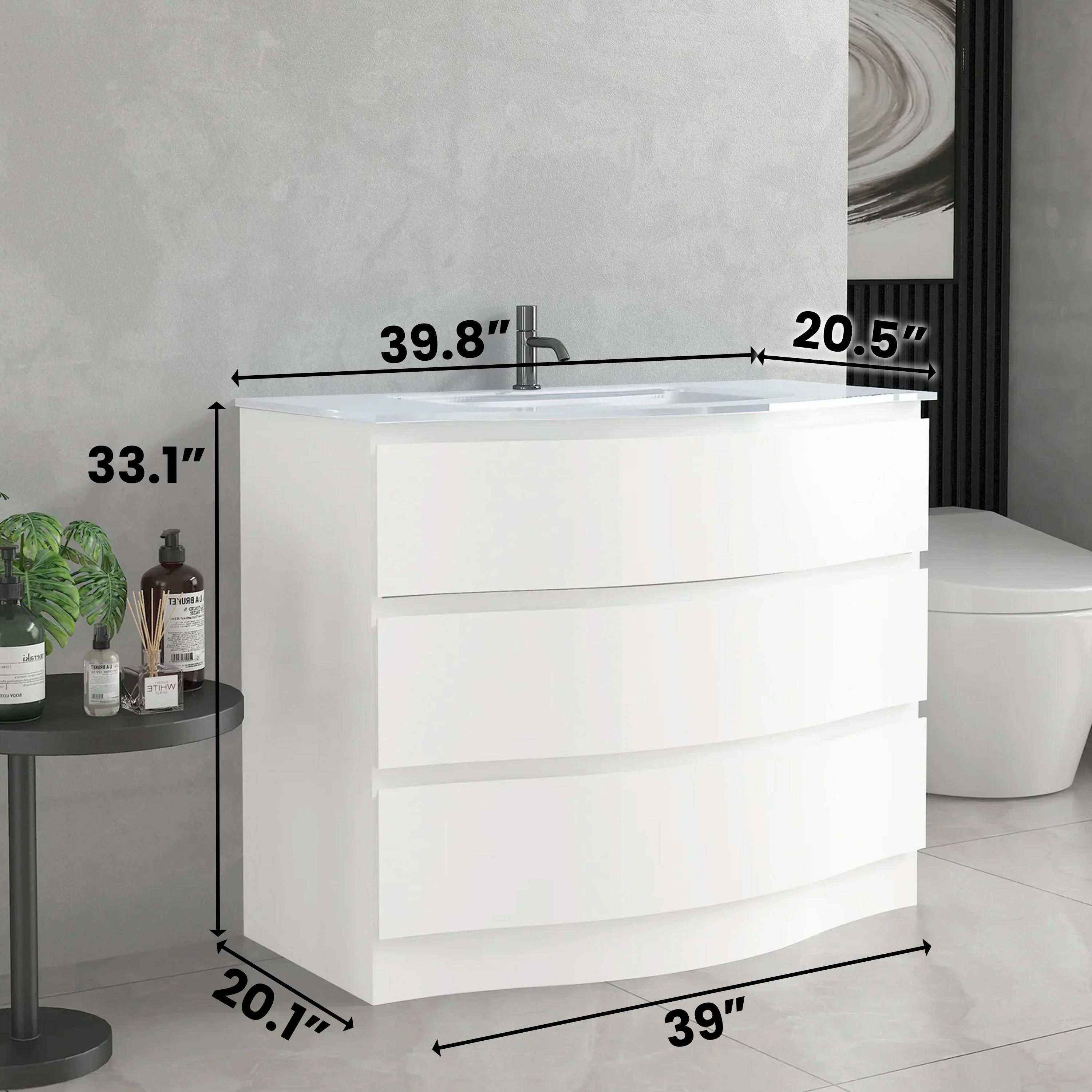 Meuble-Lavabo Autoportant 40po Blanc Mat avec Comptoir de Verre Blanc