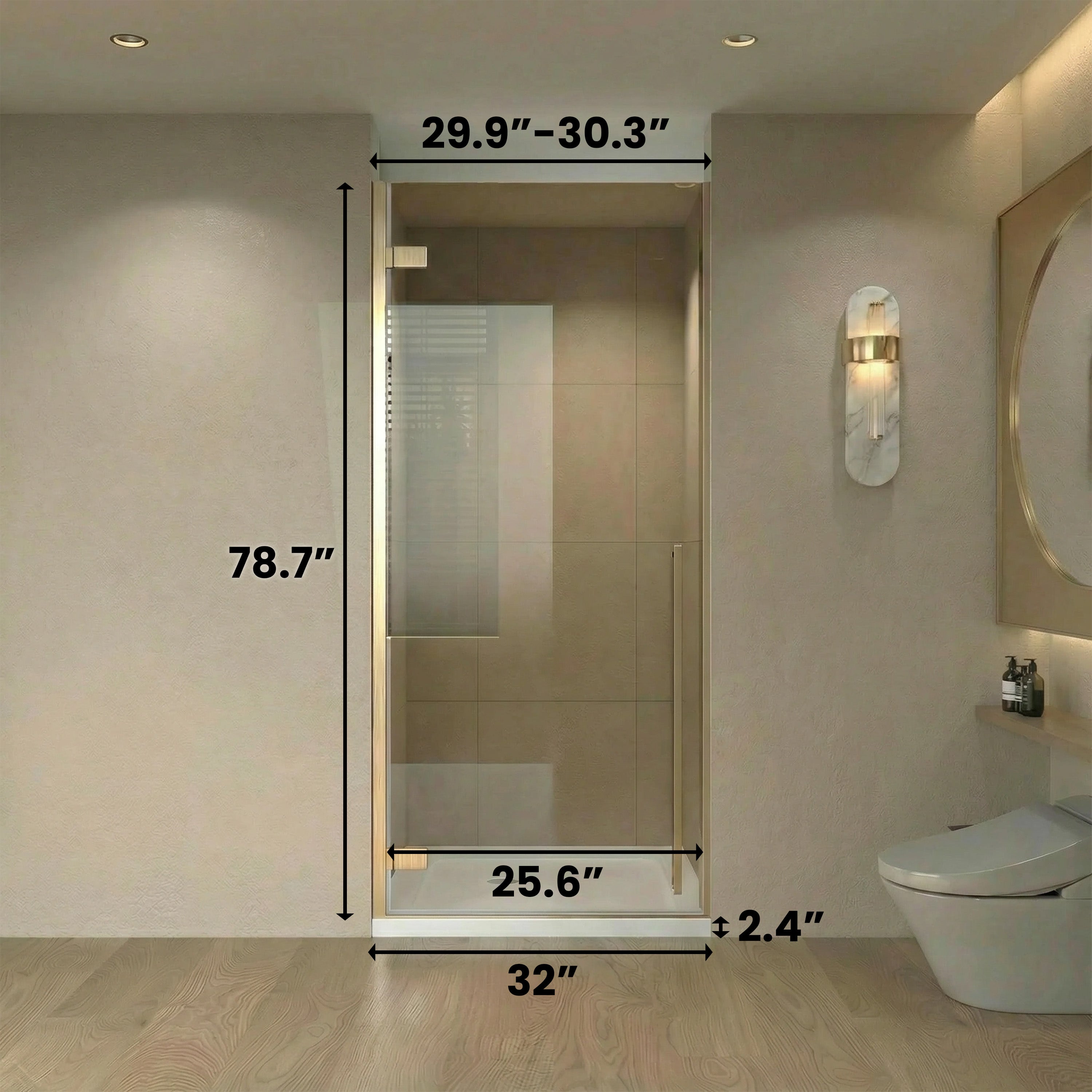 29.9"–30.3" W (Adjustable Width) x 79" H Frameless Reversible Pivot Shower Door in Brushed Gold with Brown Tinted Glass & 32" White Acrylic Base