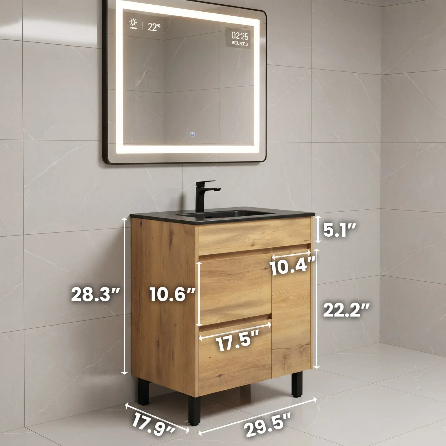 30" Frosted Oak Freestanding Single Sink Bathroom Vanity with Black Ceramic Countertop