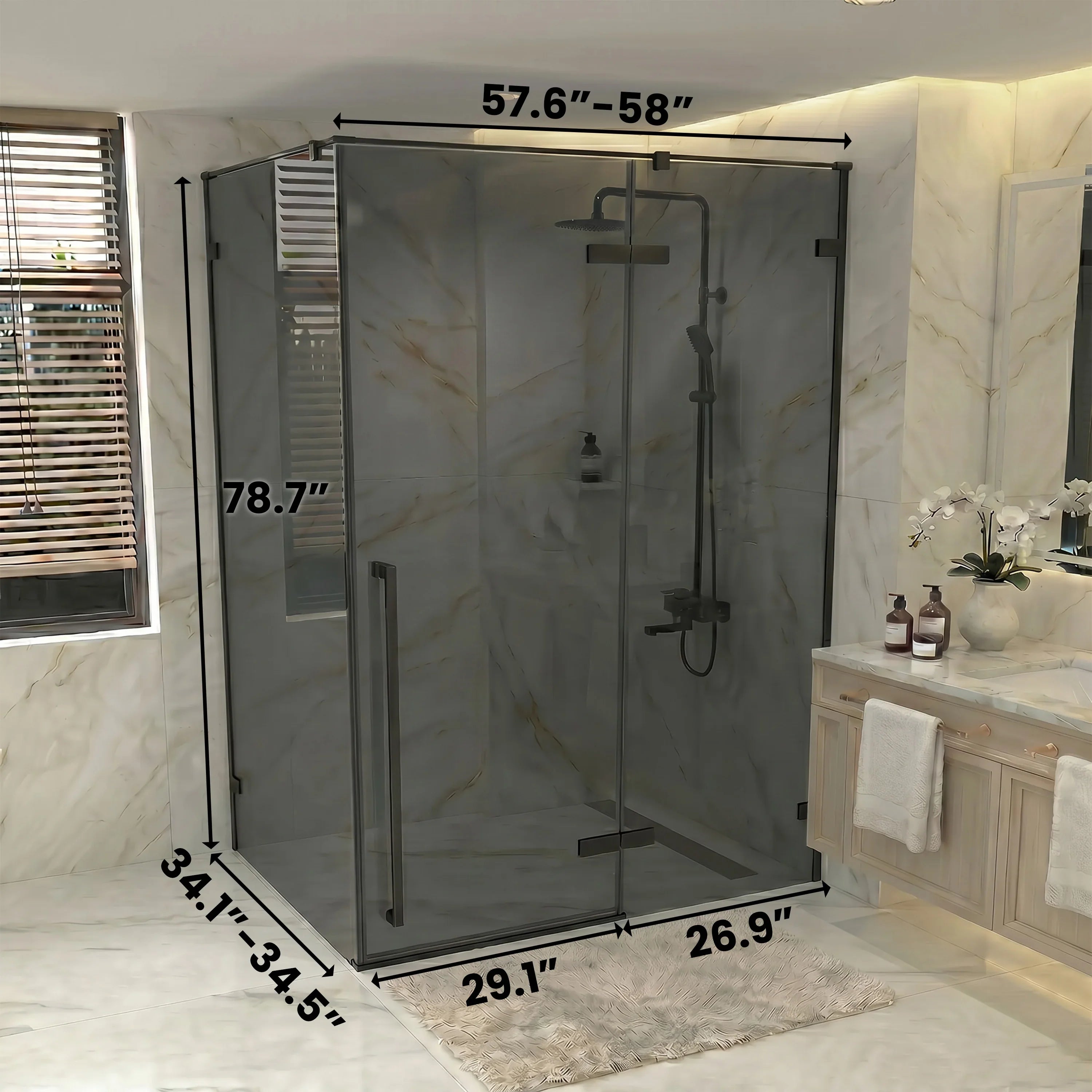 60" x 79" Matte Black Reversible Pivot Shower Door with 36" Black Tinted Glass Side Panel