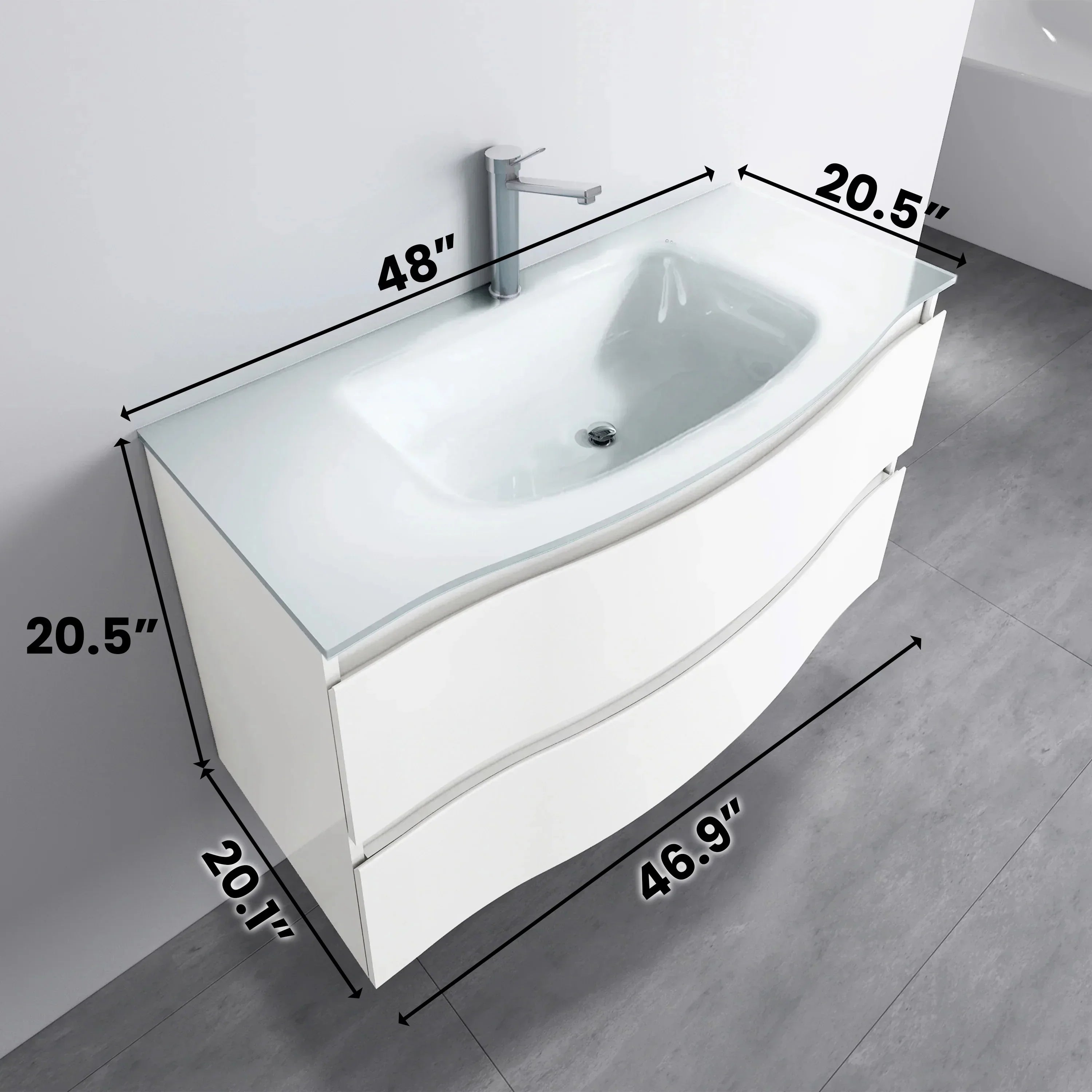 48" Matte White Wall Mount Single Sink Bathroom Vanity with White Glass Countertop